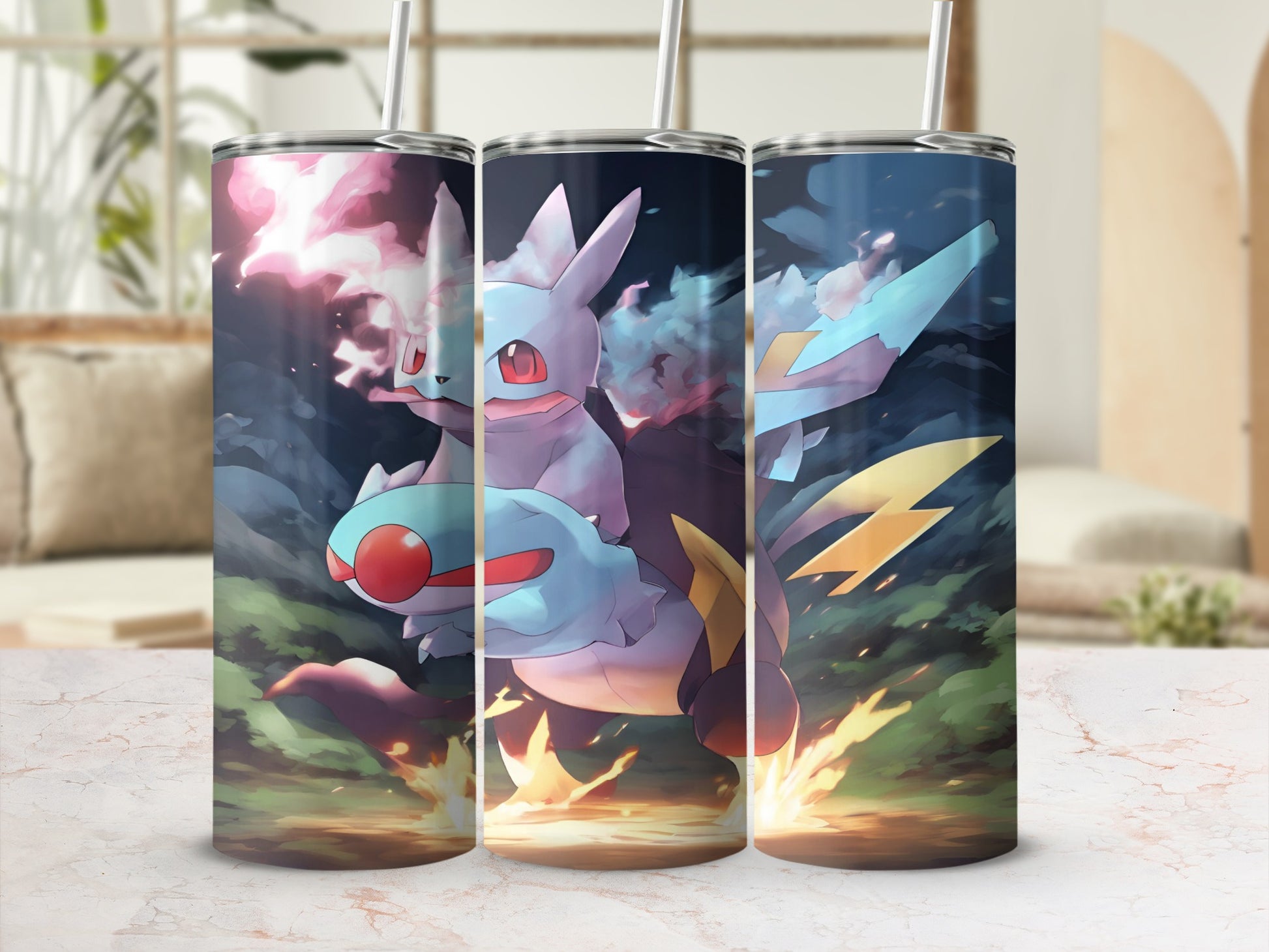 Three tumblers featuring cartoon Pokemon characters in a dynamic action scene.