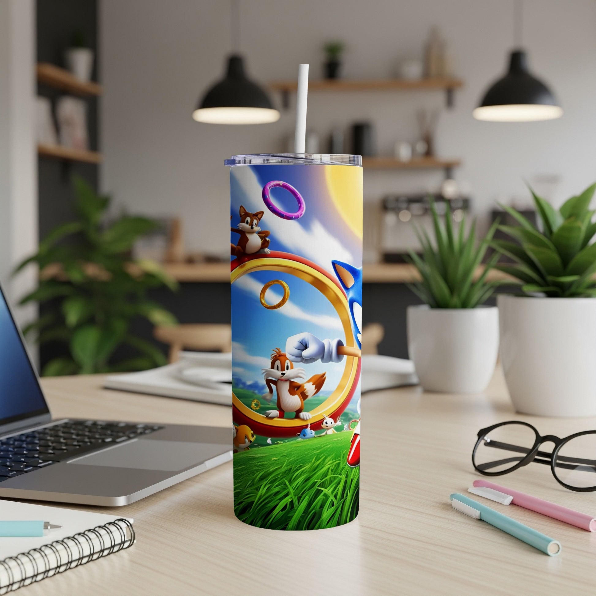 Sonic the Hedgehog characters on a white tumbler with a straw.