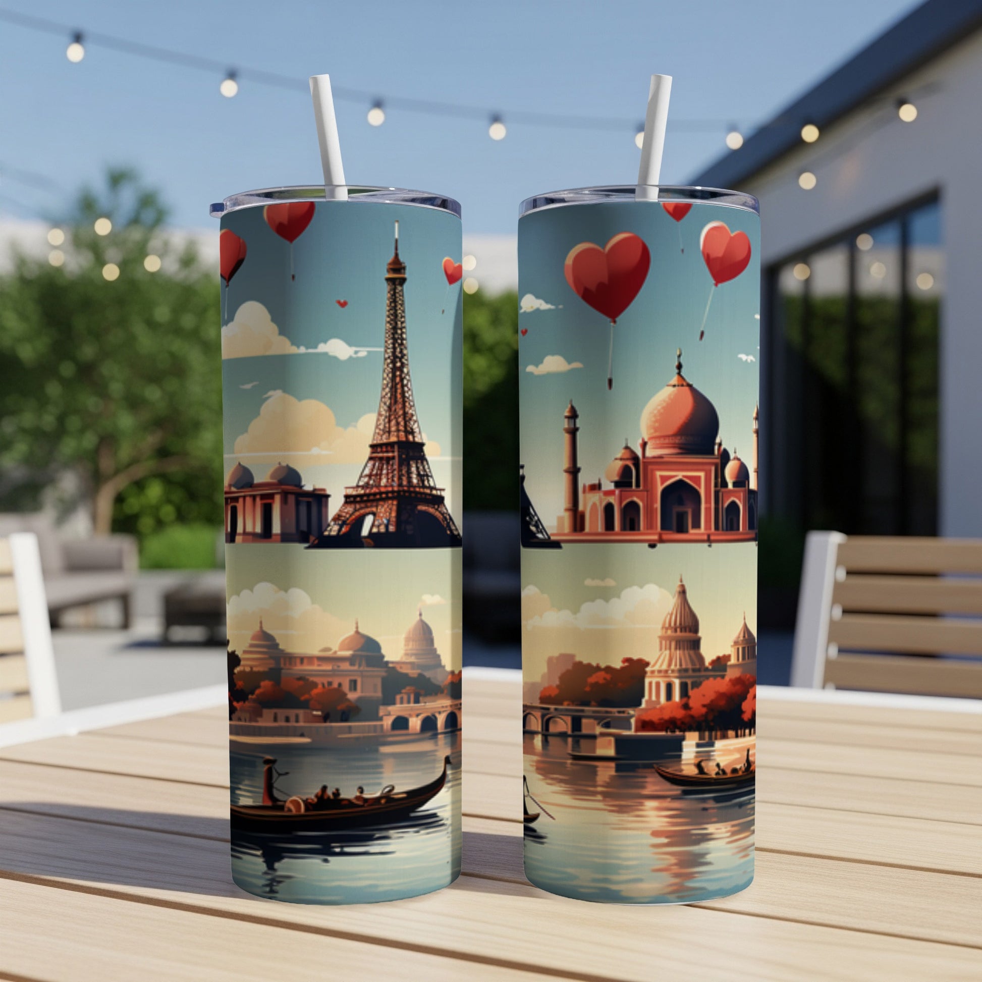 Two tumblers with collages of famous landmarks and red heart balloons.