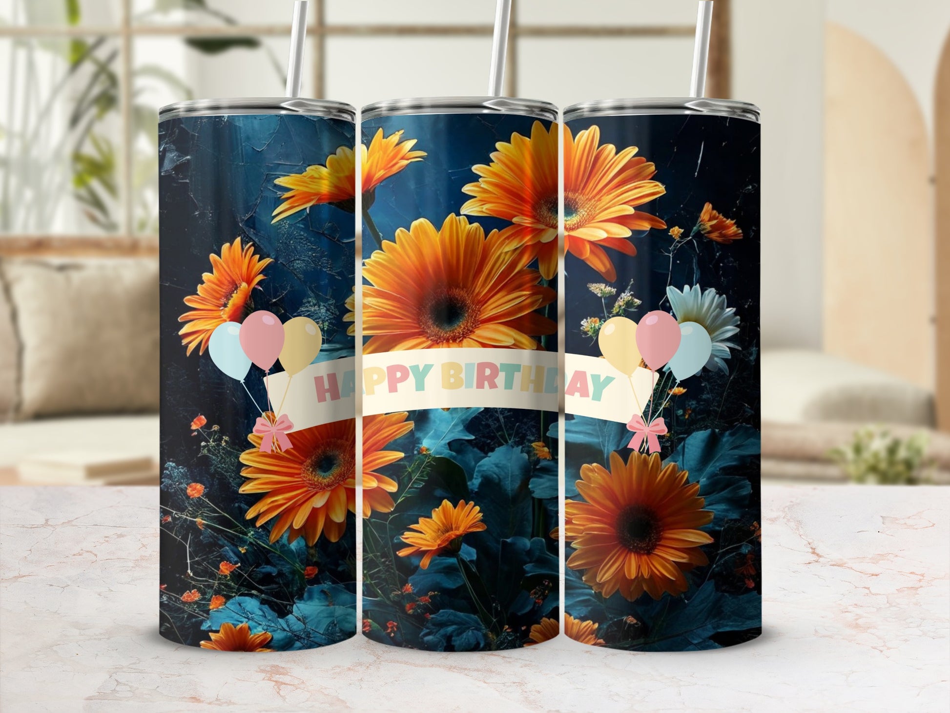 Floral tumbler with "Happy Birthday" banner and balloons.