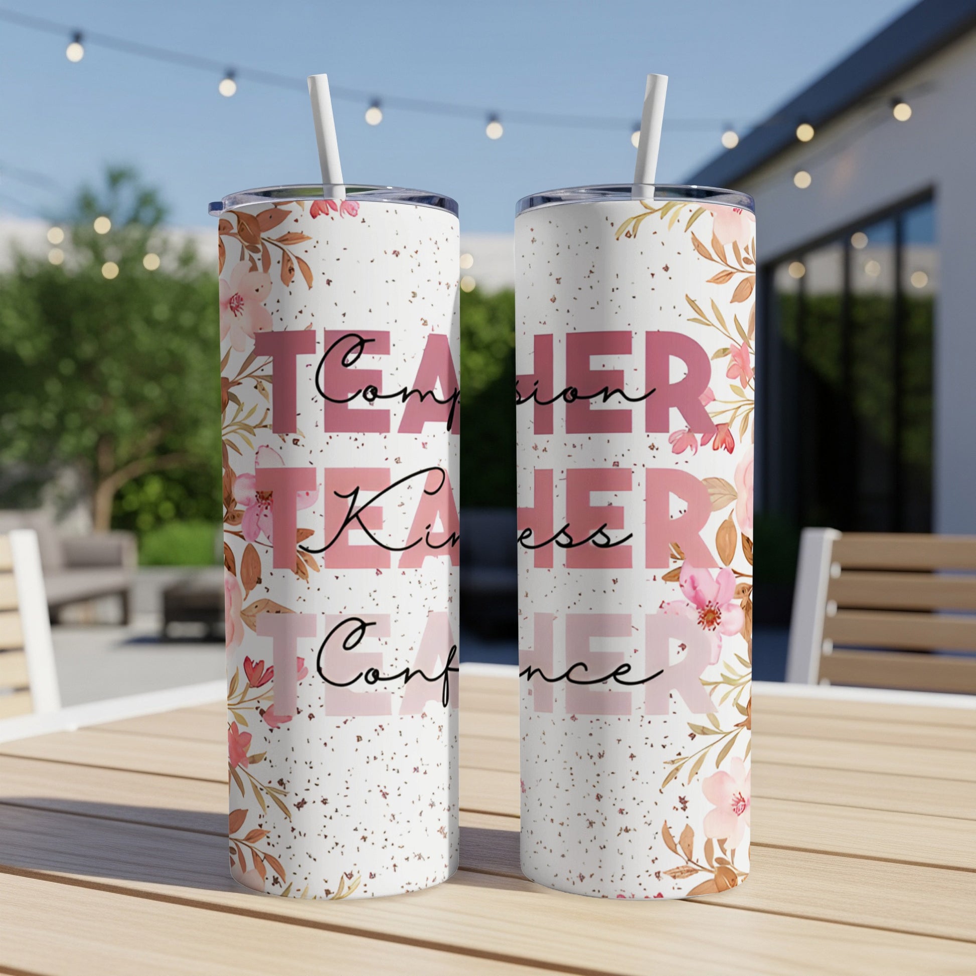 Teacher Kindness Conference tumbler with floral accents and straw.