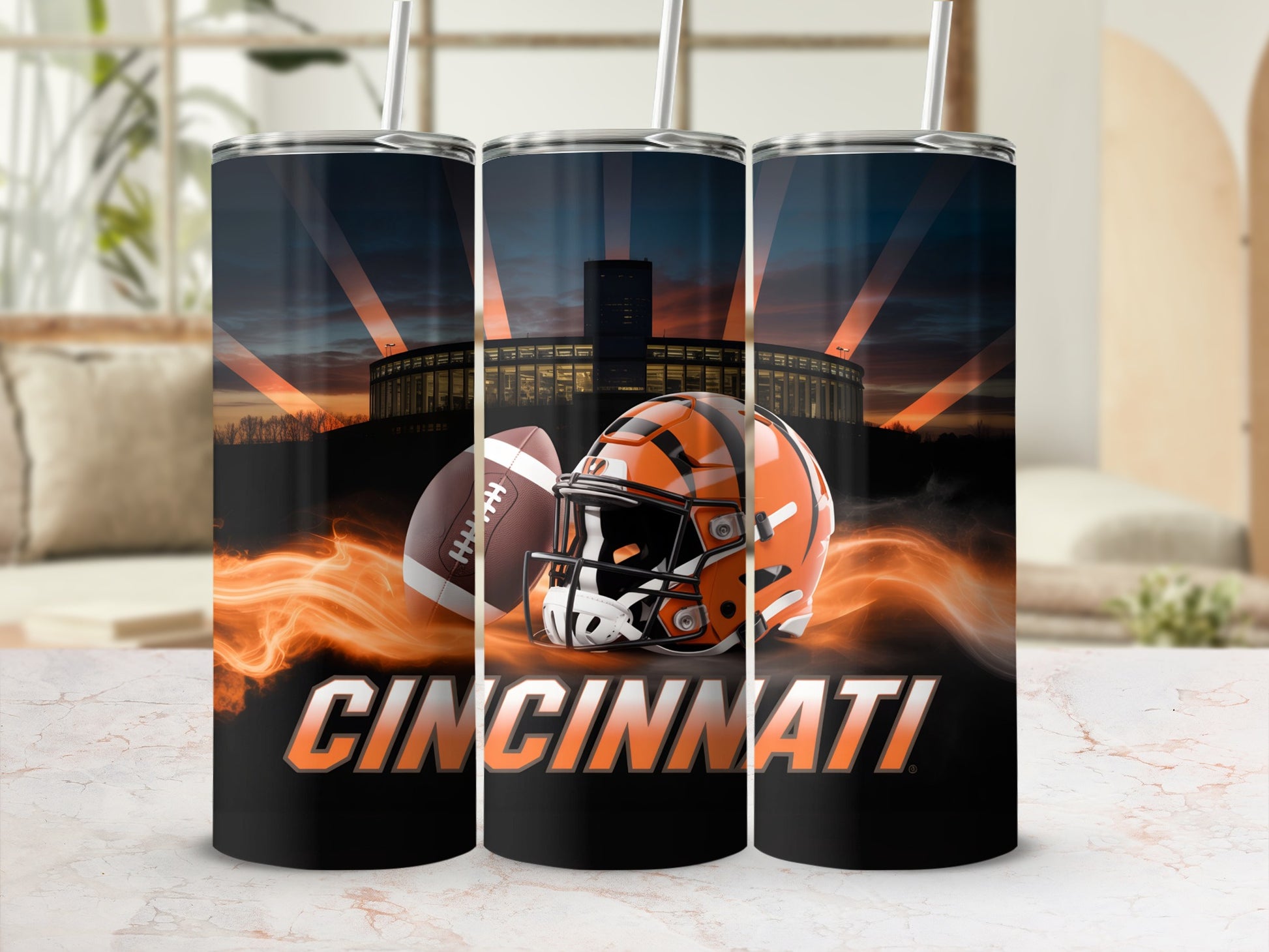 Cincinnati Bengals tumbler with stadium and fire graphics.