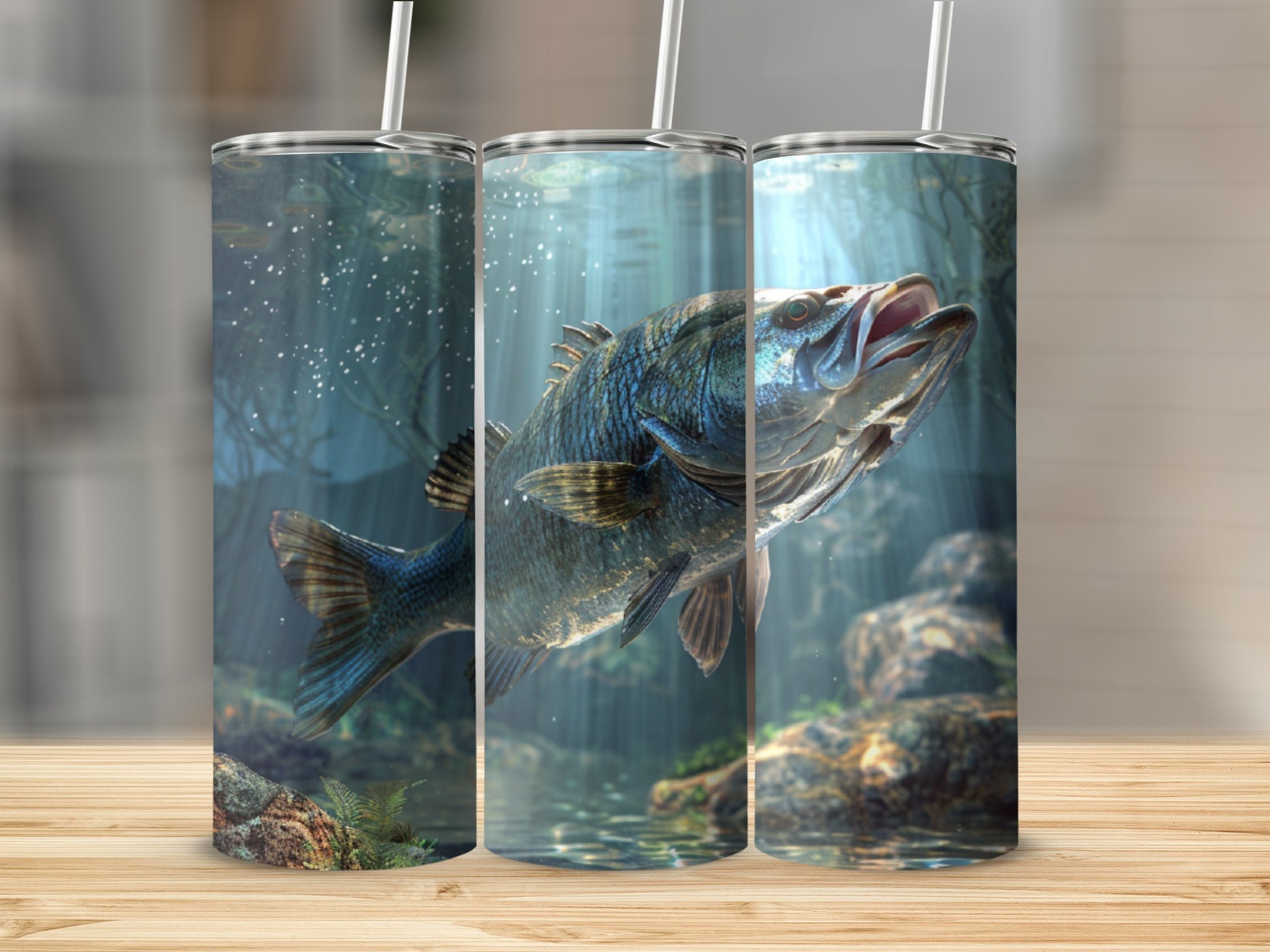 Largemouth bass swimming underwater with sunlight rays and rocky bottom.