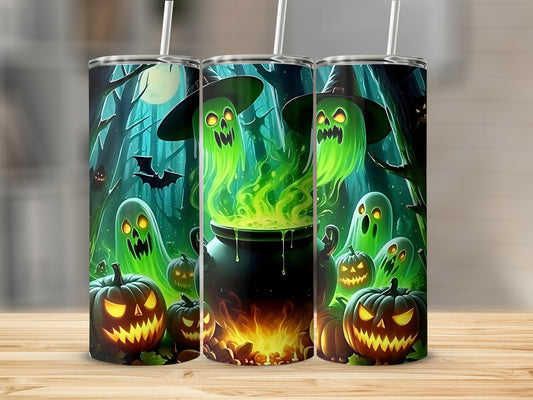 Halloween tumblers feature glowing ghosts, pumpkins, and cauldron with bats in a forest scene.