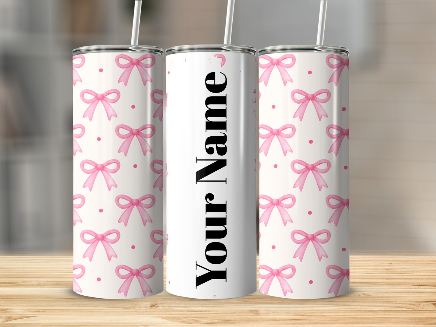 Customizable Pink Bow Design Tumbler with Straw Option