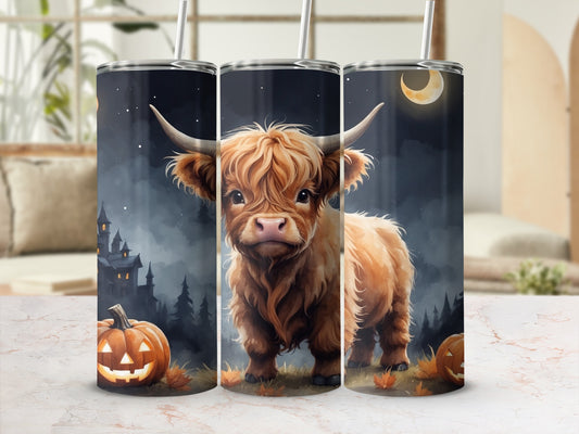 Highland cow with pumpkins and spooky castle on a Halloween-themed tumbler.