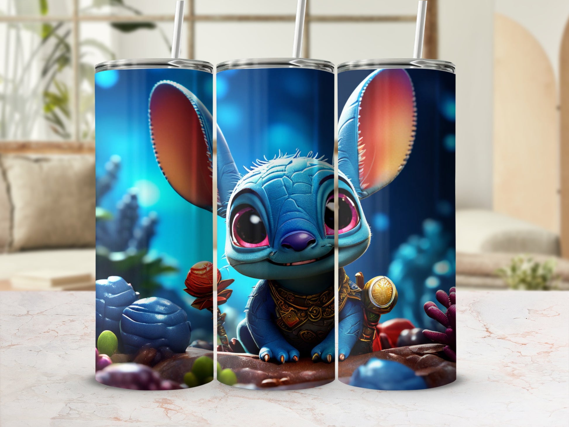 Stitch character design on a blue tumbler with straw, tropical background.