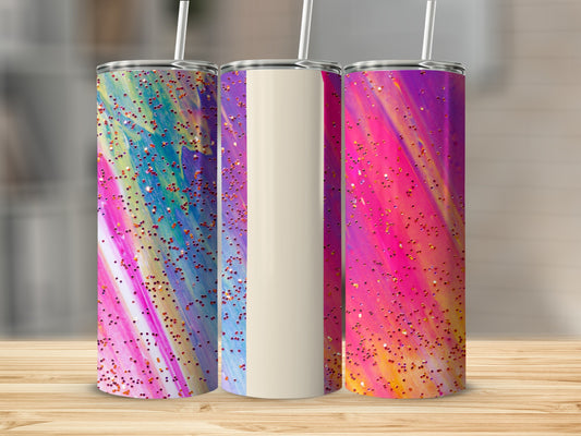 Three tumblers with vibrant, colorful splatter designs and glitter accents.