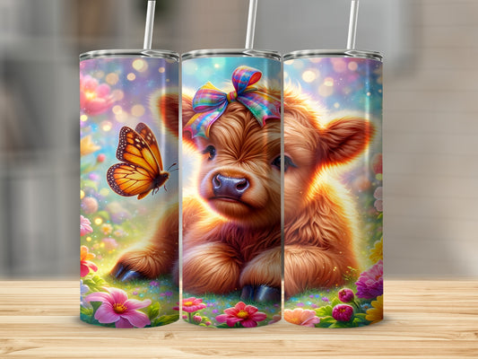 Adorable Fluffy Baby Cow Butterfly Flowers Sparkles Tumbler