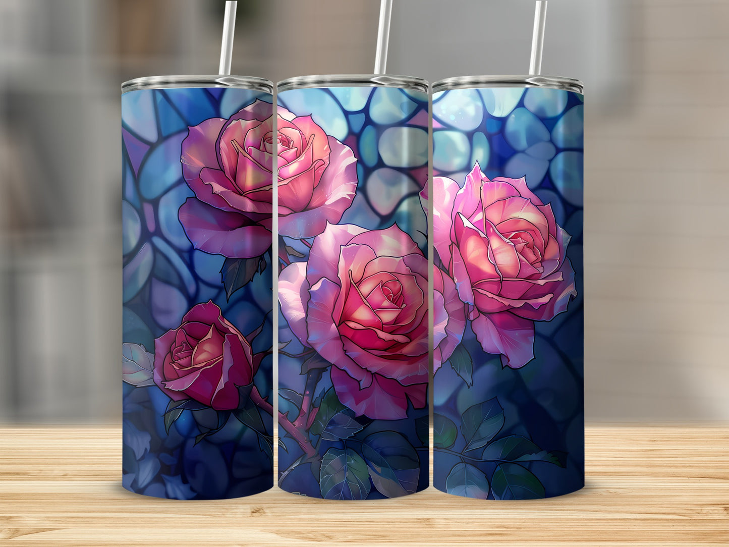 Three tumblers with a stained-glass rose design.