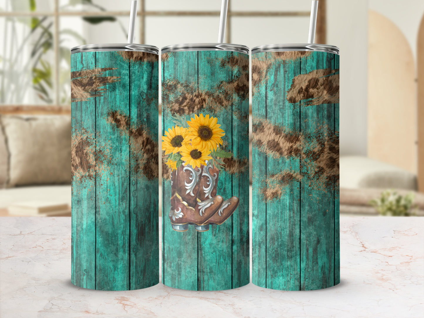 Wood-textured tumbler with cowboy boot and sunflowers design.