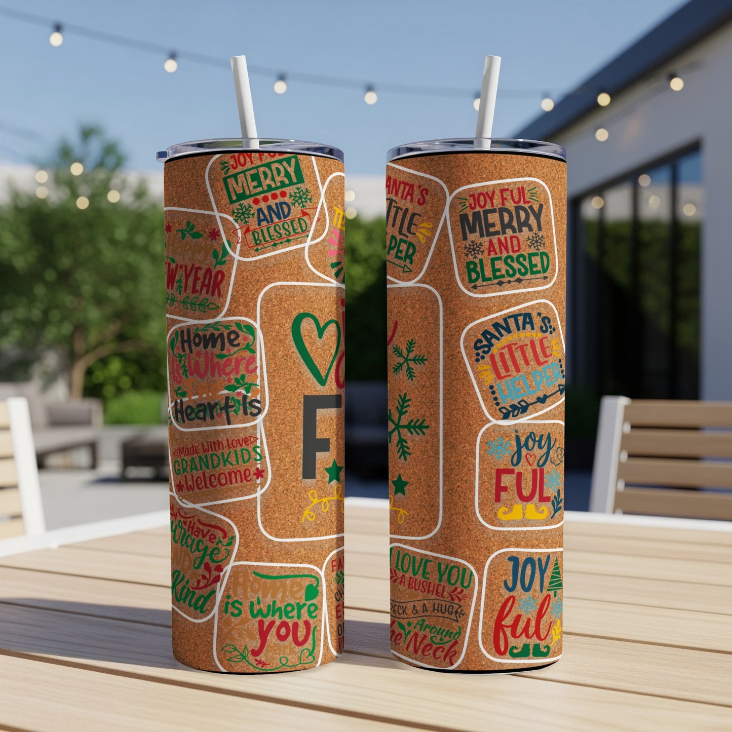 Two tumblers with festive Christmas-themed cork collage designs and text.