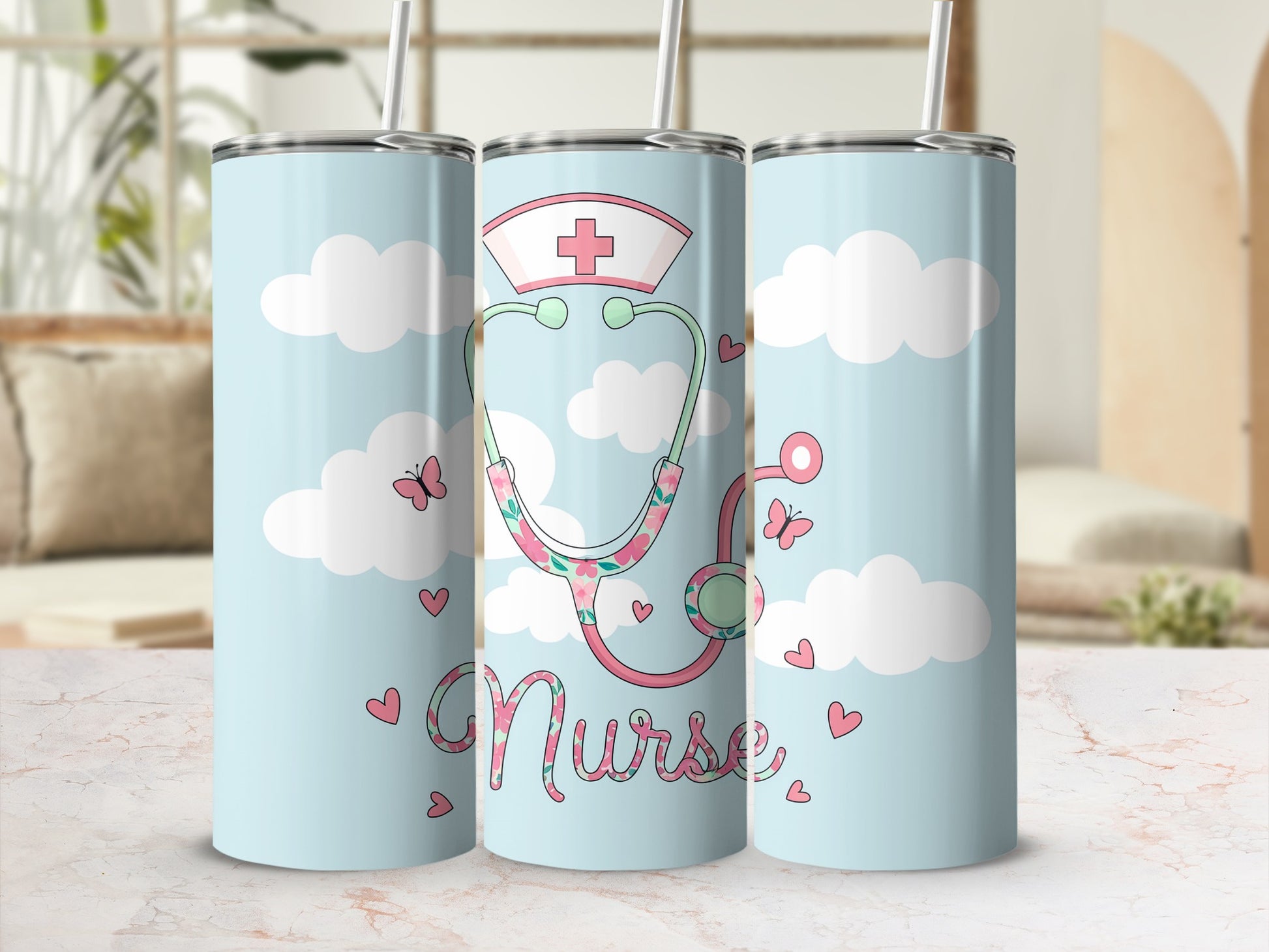 Light blue tumbler with nurse stethoscope, heart, and cloud graphic.