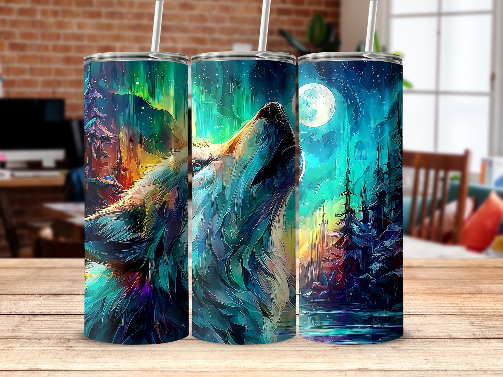 Vibrant Wolf and Moon Design Insulated Tumbler
