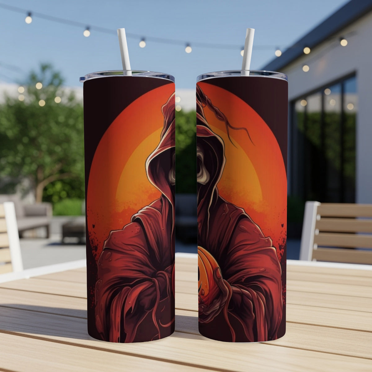 Two tumblers featuring a grim reaper holding a pumpkin against an orange circular background.