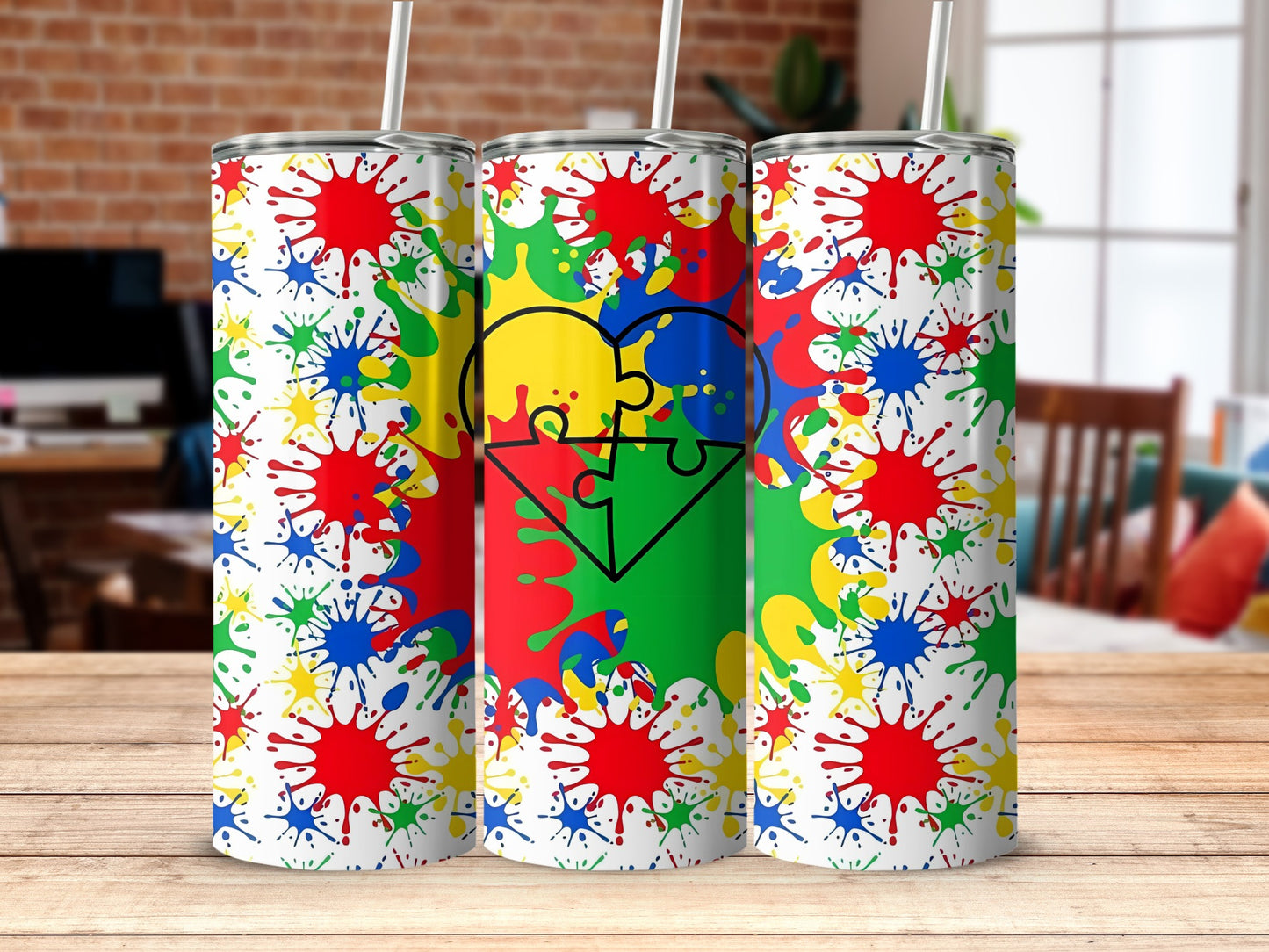 Colorful Puzzle Heart Splatter Design Tumbler