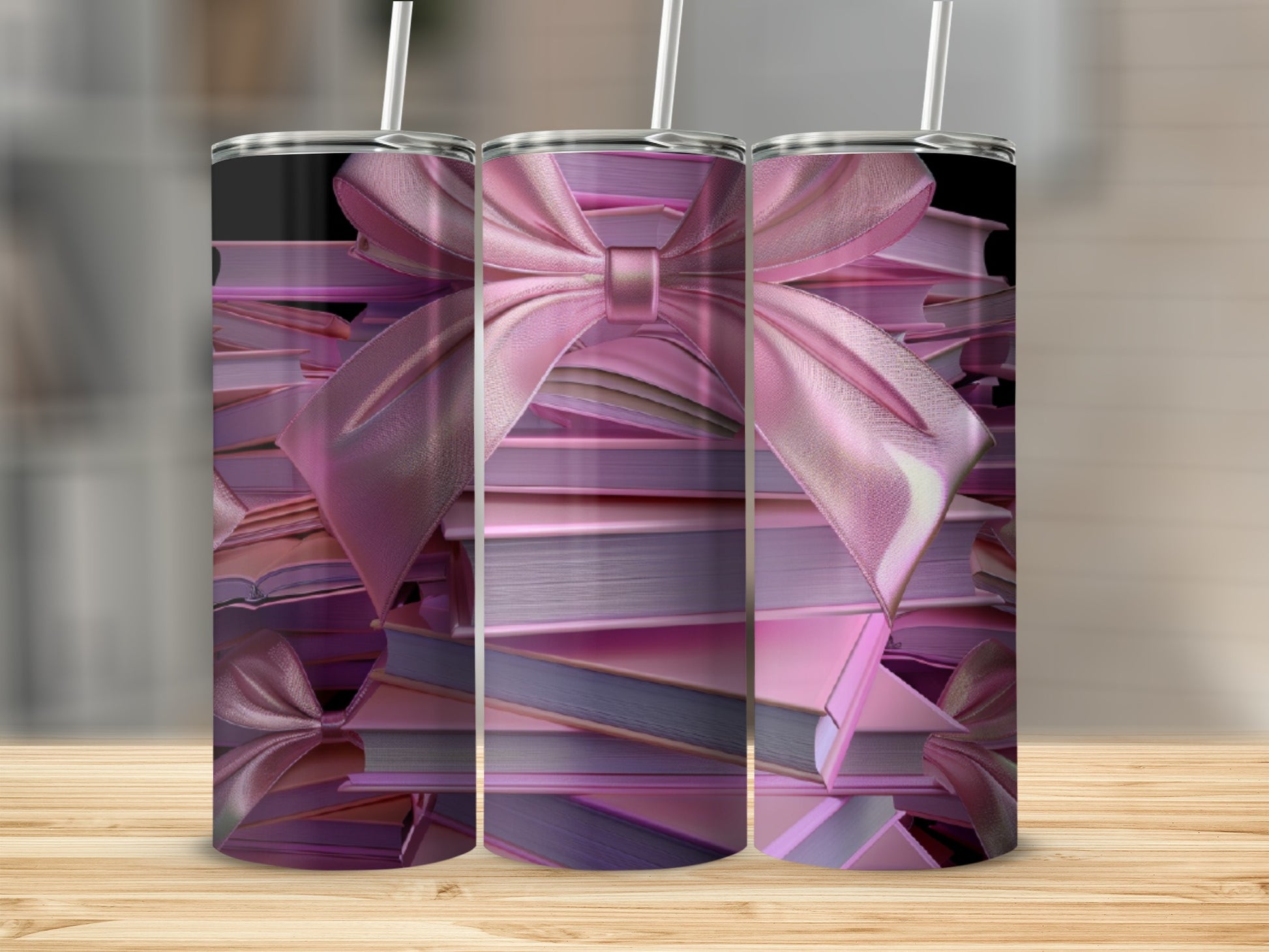 Stack of pink books tied with a large satin bow.