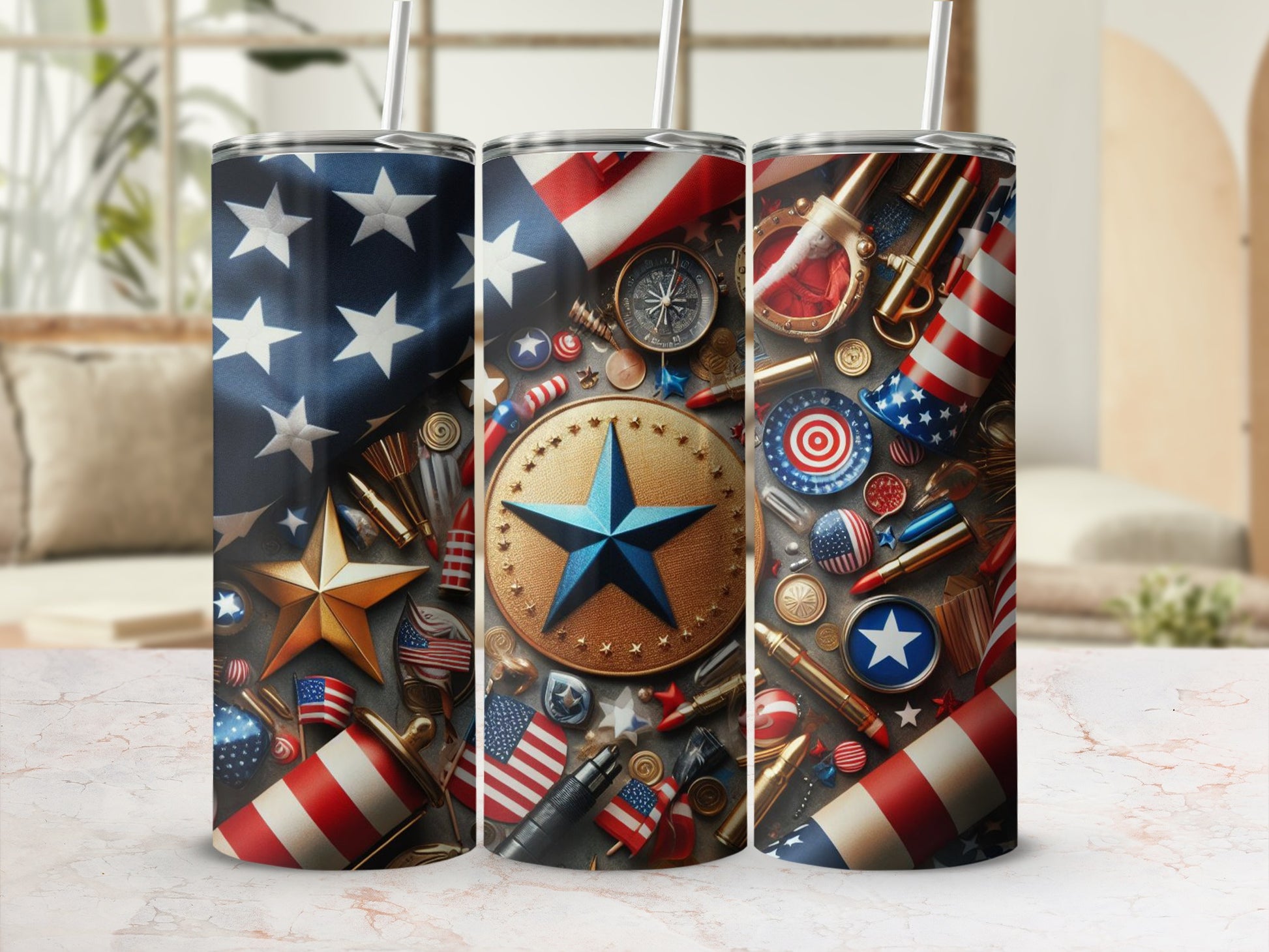 Patriotic tumbler with stars and stripes, coins, and rockets.