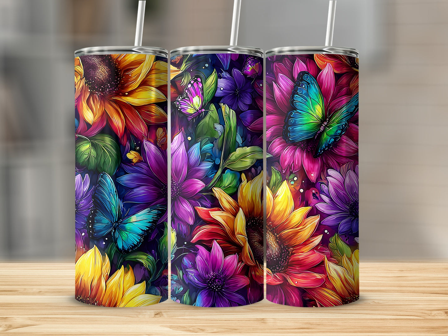 Vibrant Floral and Butterfly Design Tumbler Product