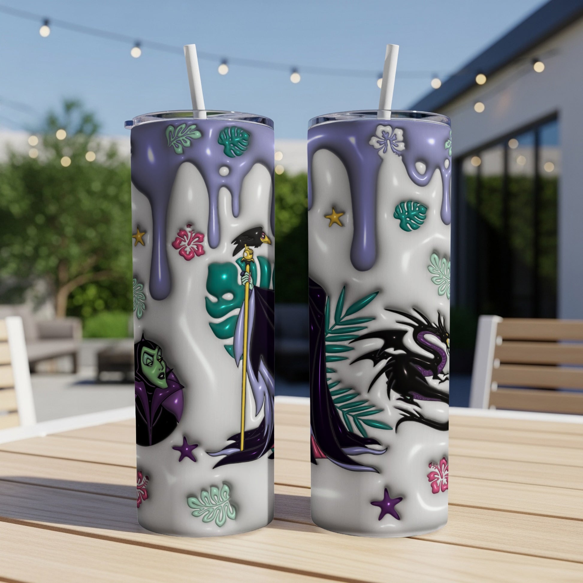 Two tumblers with Maleficent and dragon design, purple drips, and tropical leaves.