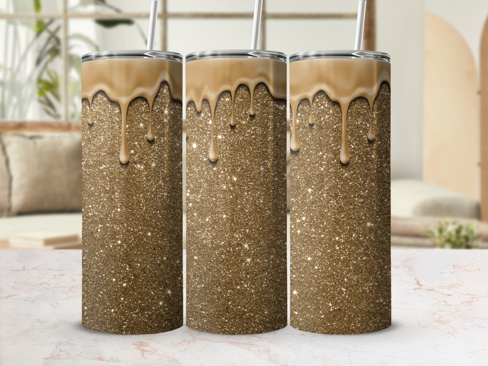 Glittering Gold Coffee Tumblers with Glossy Drip Design