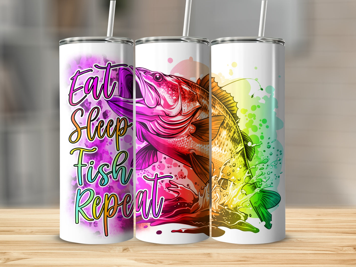 Triptych of tumblers with "Eat Sleep Fish Repeat" and a colorful bass jumping.