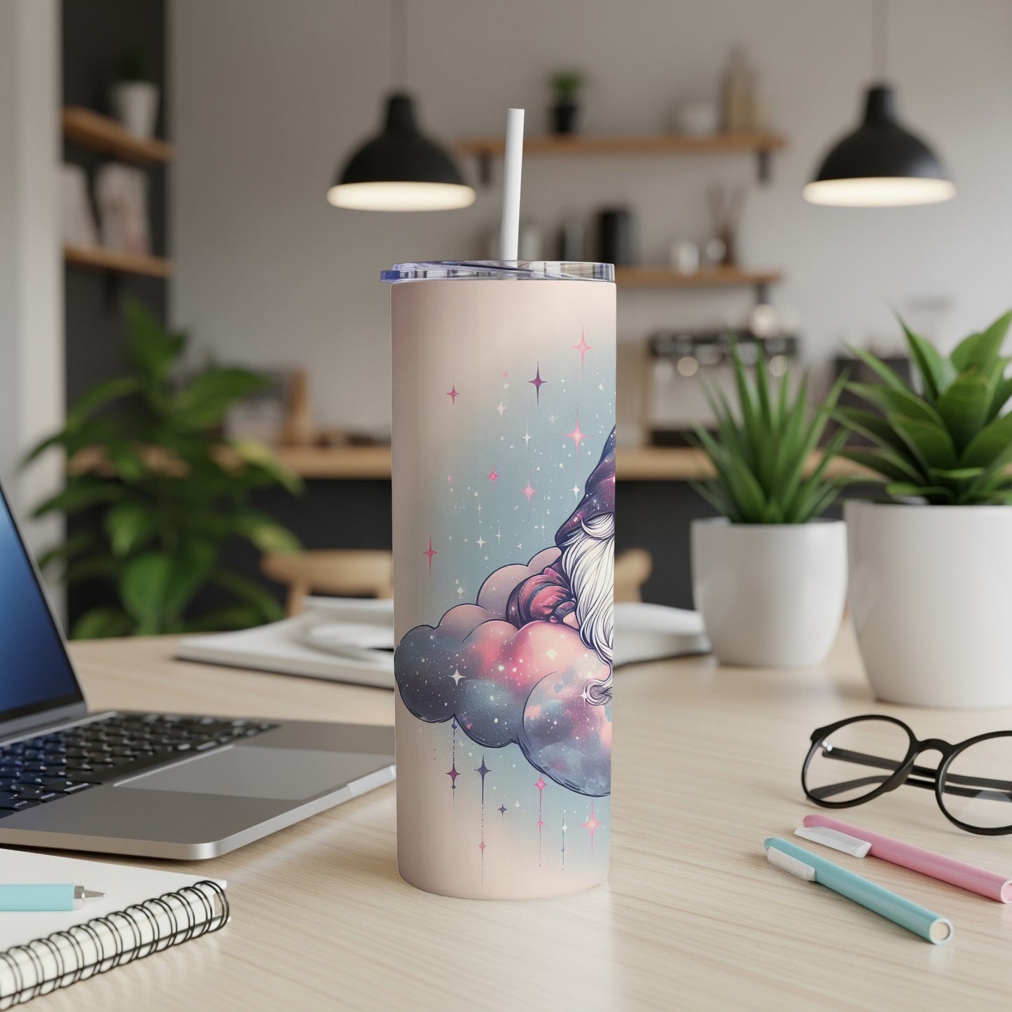 Gnome on clouds with stars design on a pastel pink tumbler.
