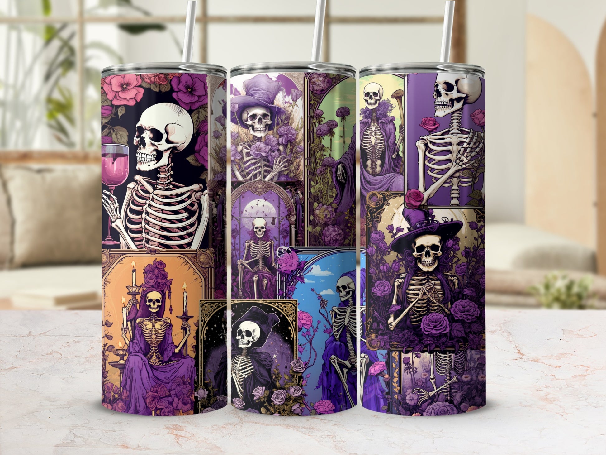 Elegant Skeleton Art Stainless Steel Tumbler Set