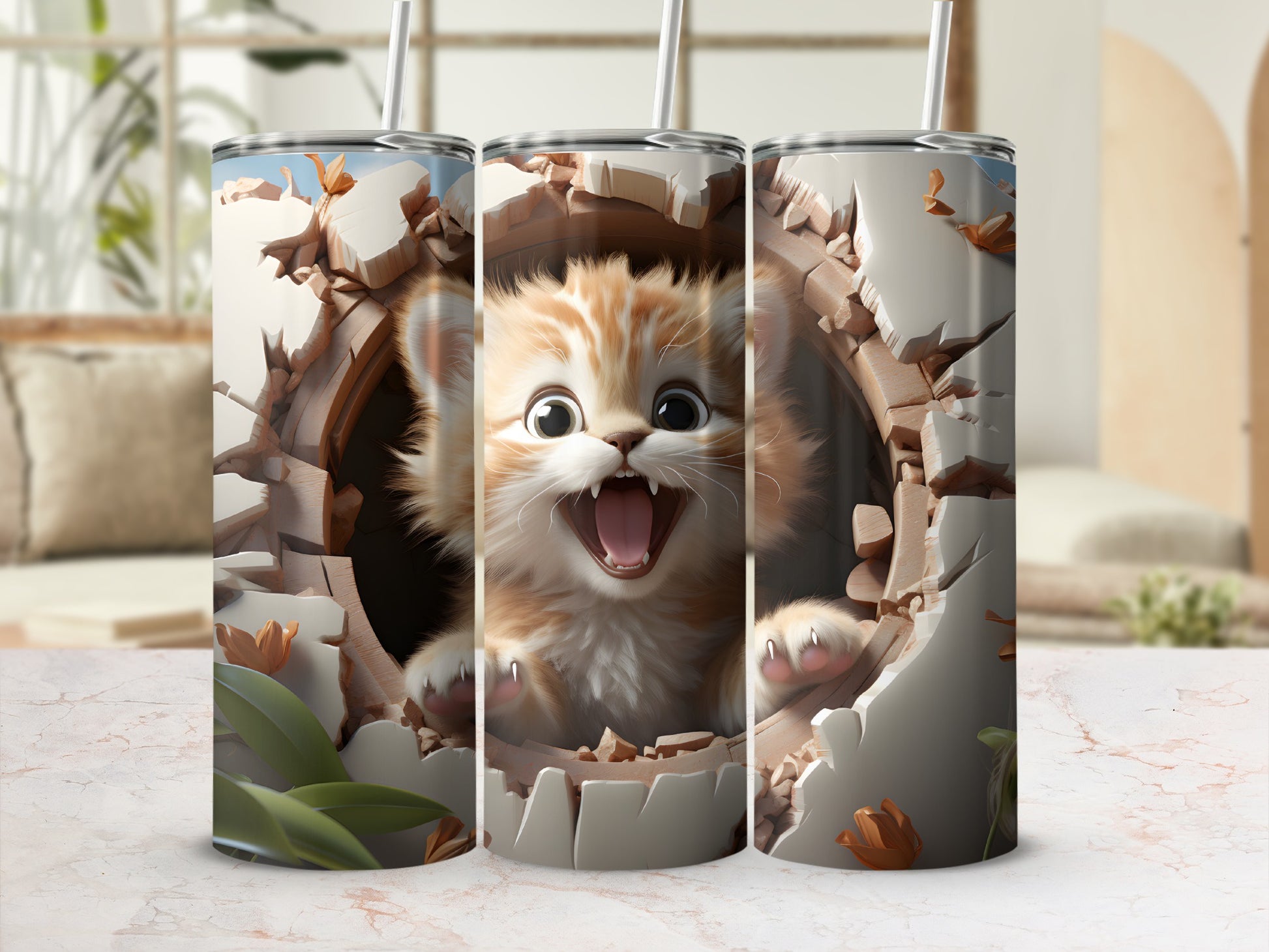 Orange tabby kitten bursting through a cracked wall, looking excited.