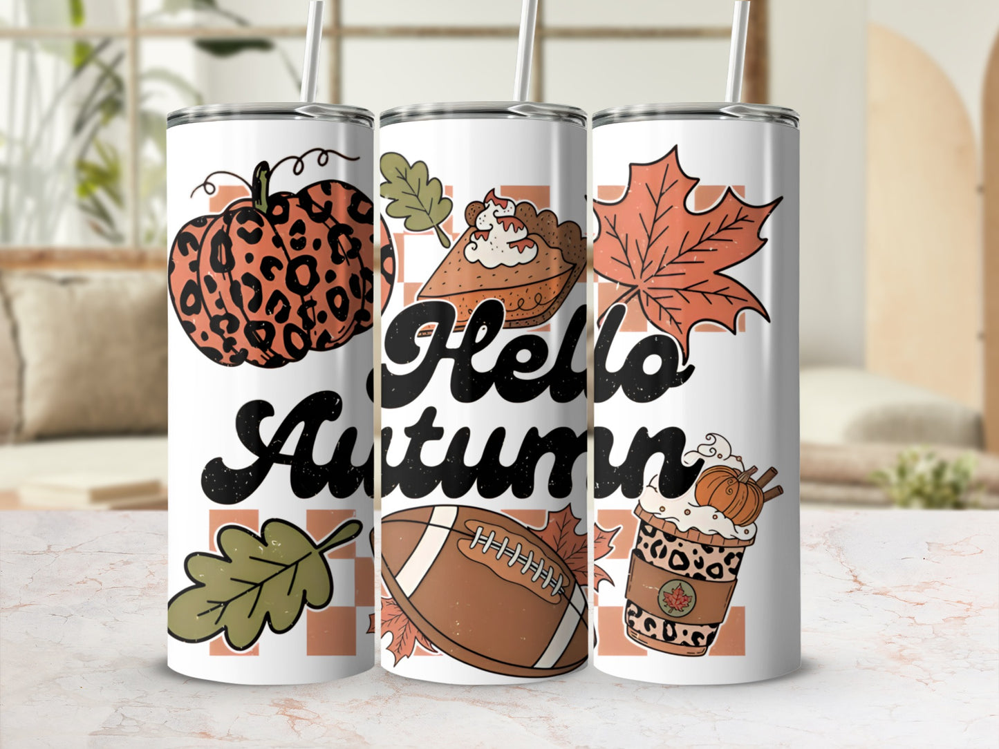 Tumblers with pumpkins, pie, football, and "Hello Autumn" text.