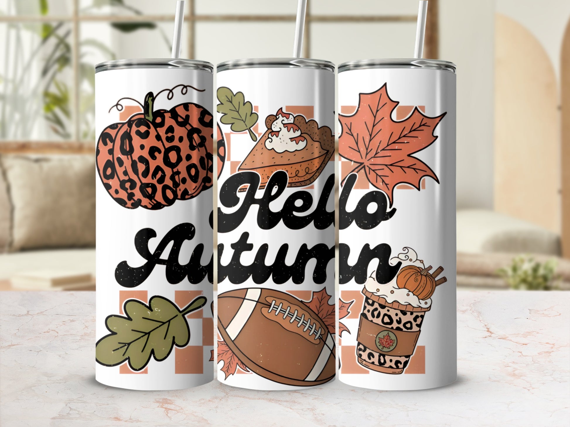 Tumblers with pumpkins, pie, football, and "Hello Autumn" text.