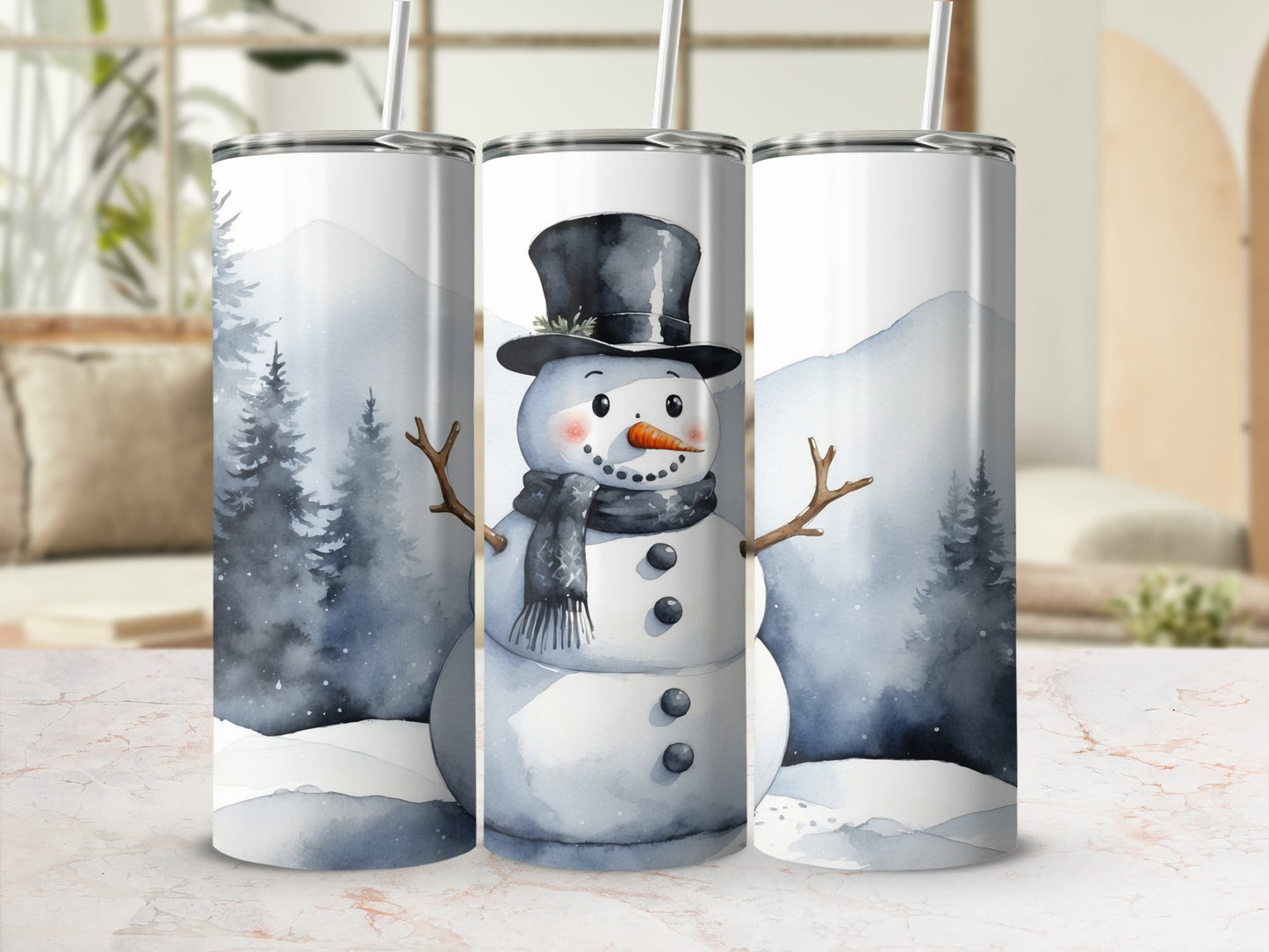 Snowman with hat and scarf on watercolor winter landscape tumbler.