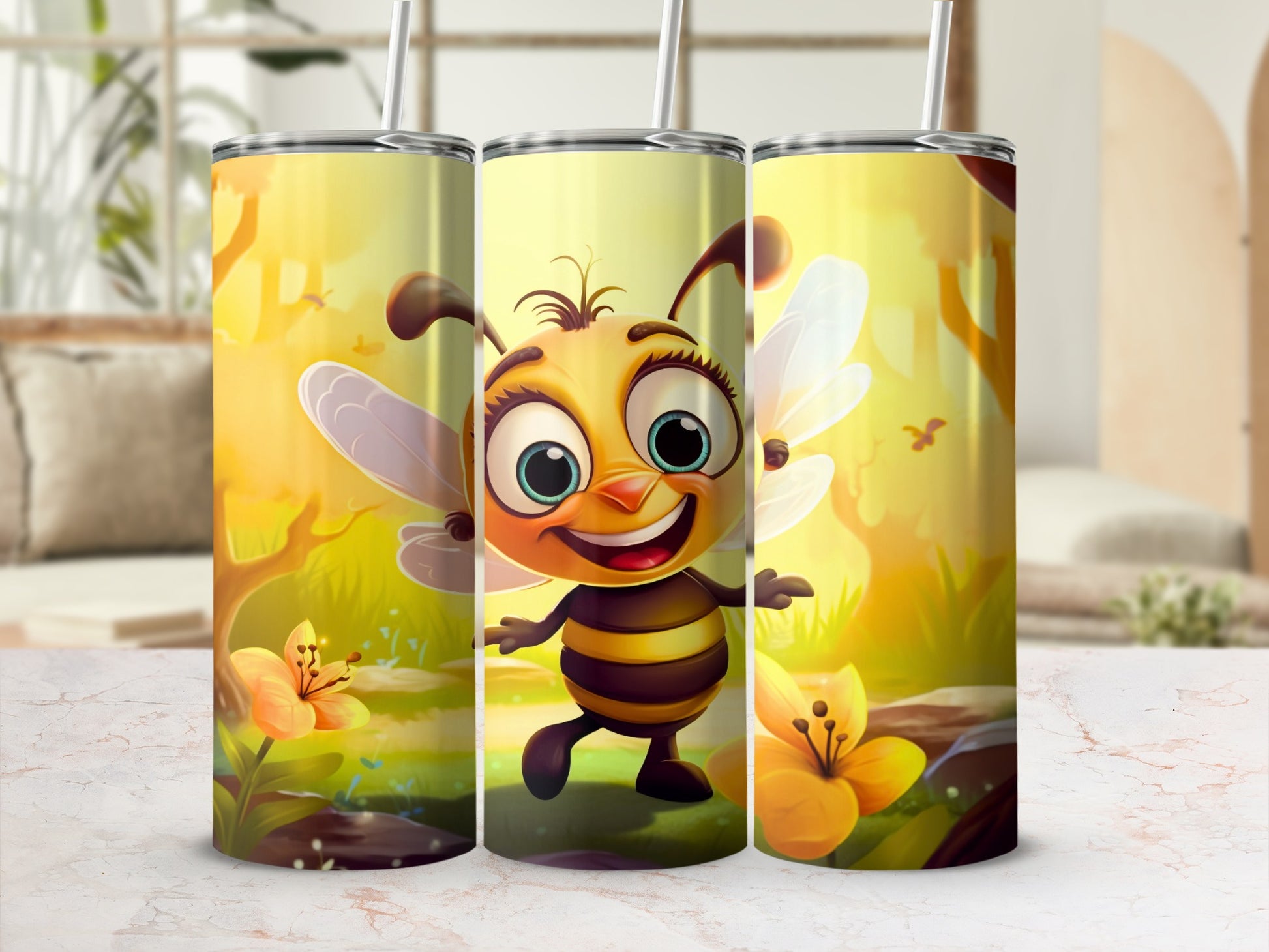 Cute Happy Cartoon Bee Sunny Forest Nature Scene Tumbler product type