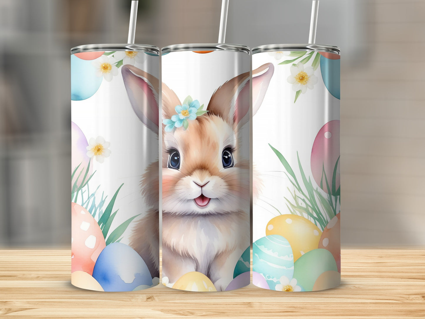 Watercolor bunny with Easter eggs and flowers on a tumbler.