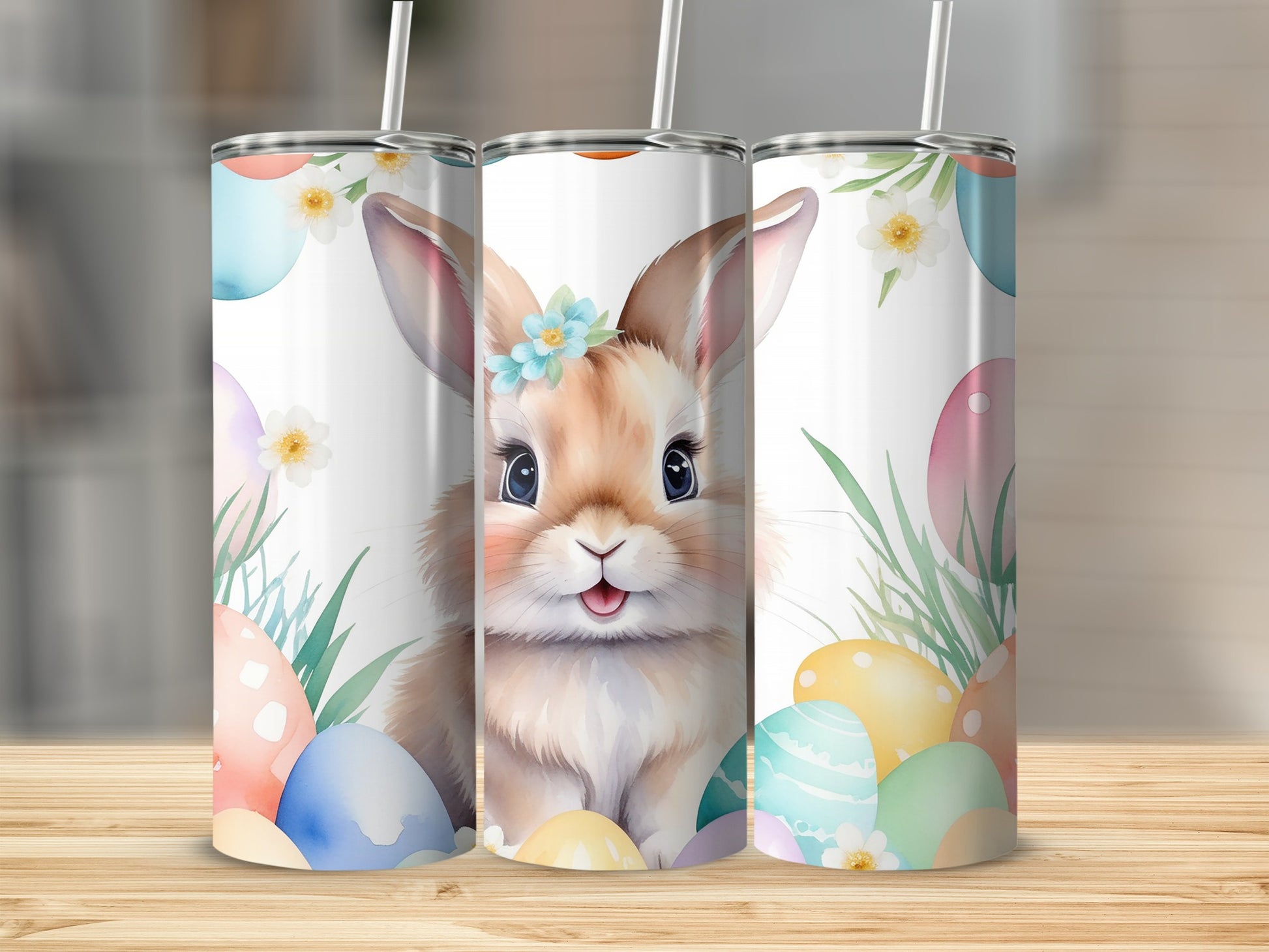 Watercolor bunny with Easter eggs and flowers on a tumbler.