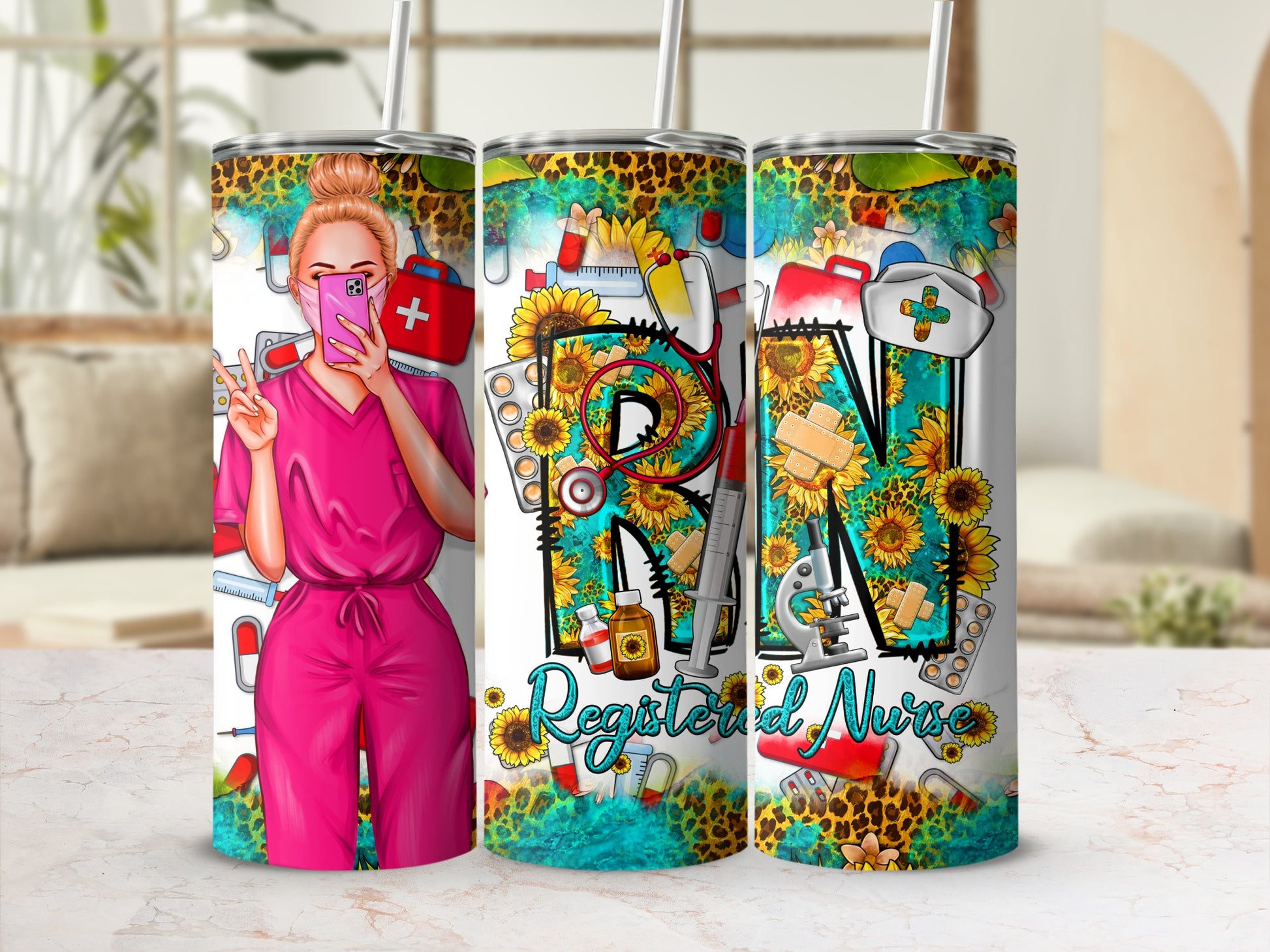 Tumbler design with nurse taking selfie, sunflowers, stethoscope, and RN.