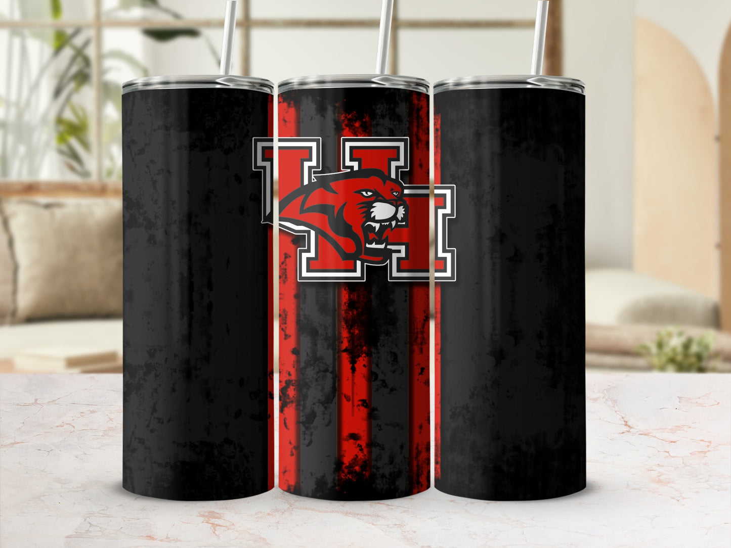 Three tumblers with black grunge, red vertical stripes, and a red panther logo.