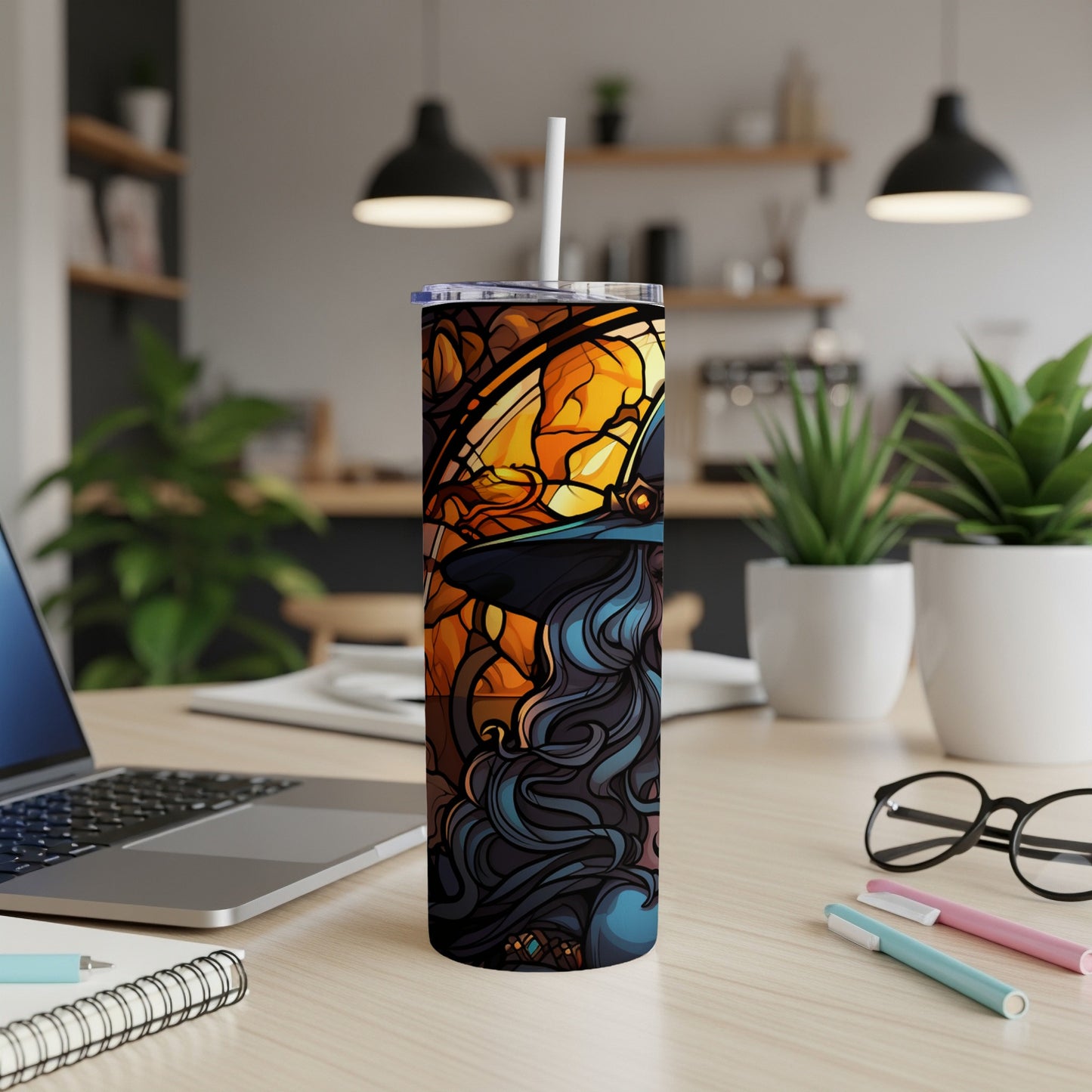 Tall tumbler with stained-glass-style fantasy art design.