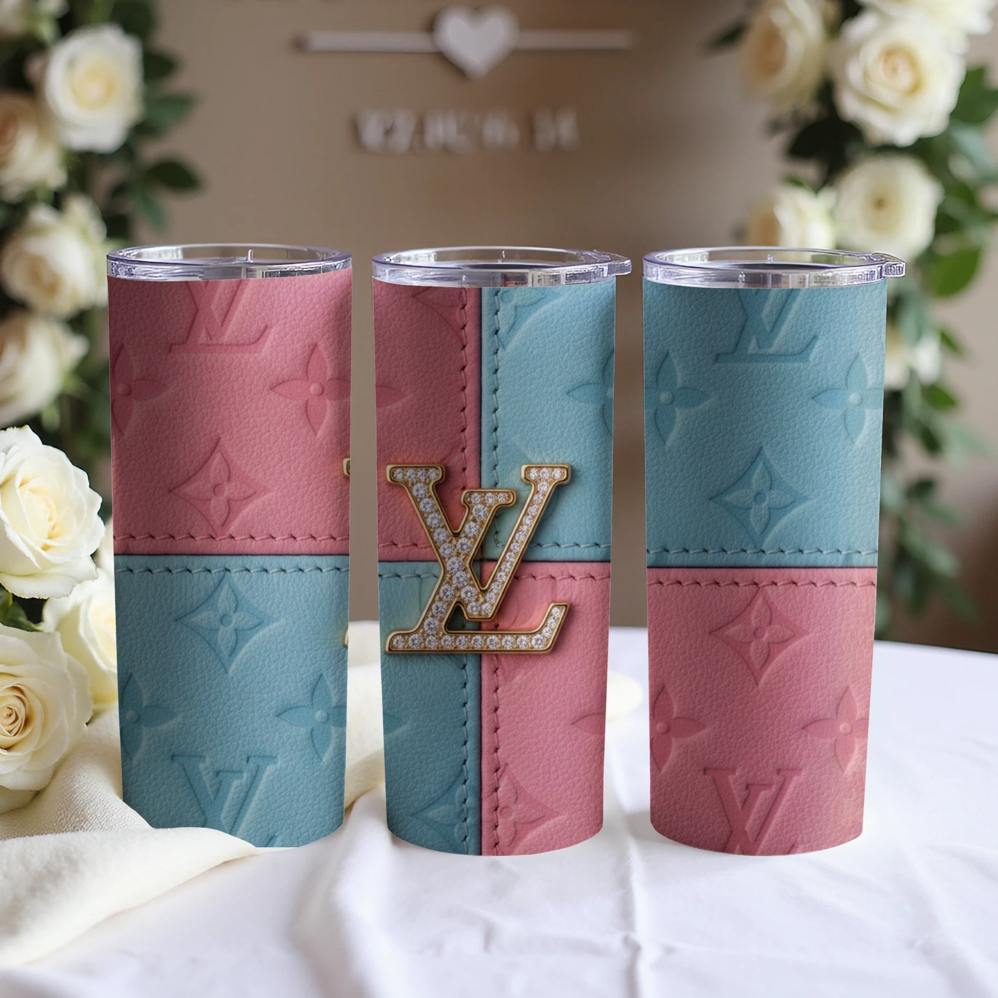 Elegant Pink and Blue Tumblers with Luxury Logo Design