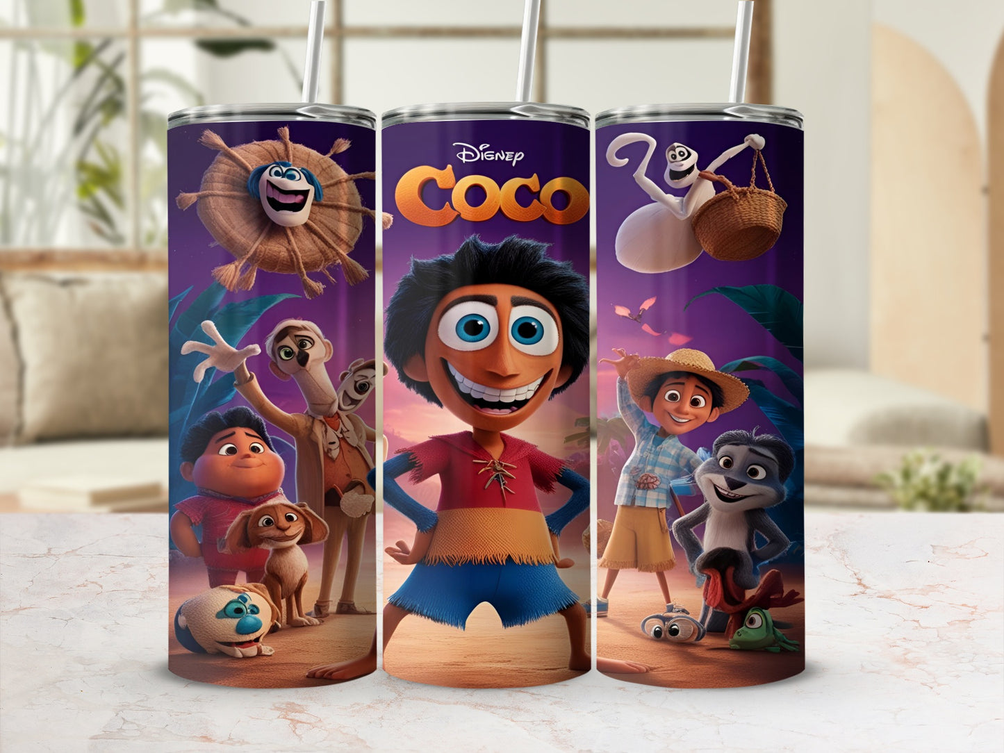 Disney Coco movie characters on a tumbler.