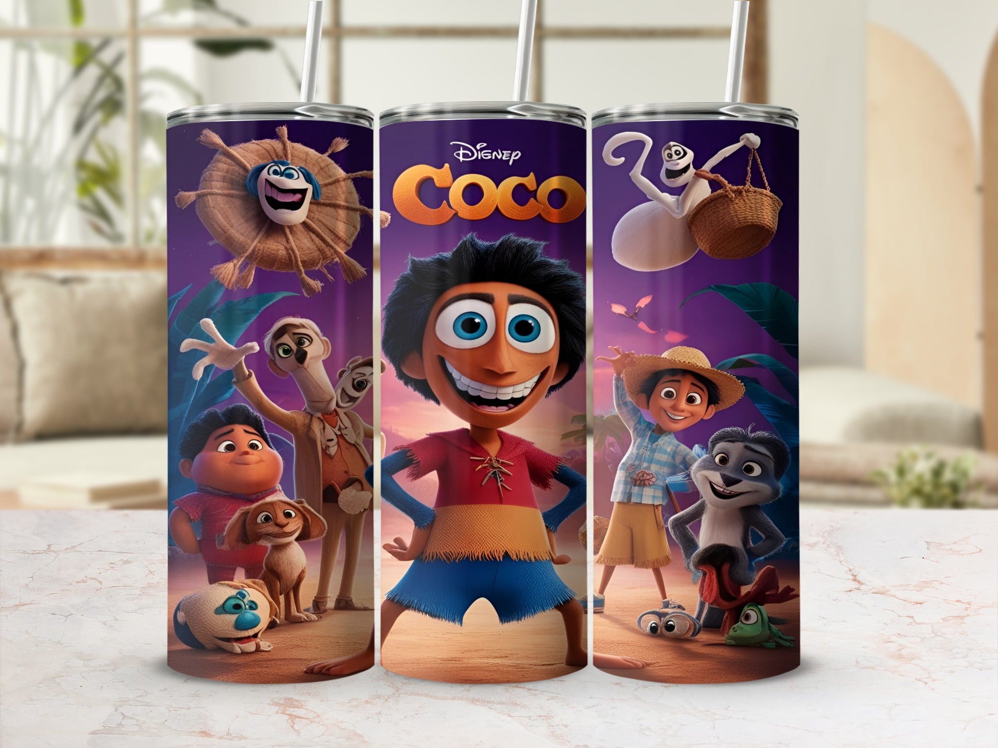 Disney Coco movie characters on a tumbler.