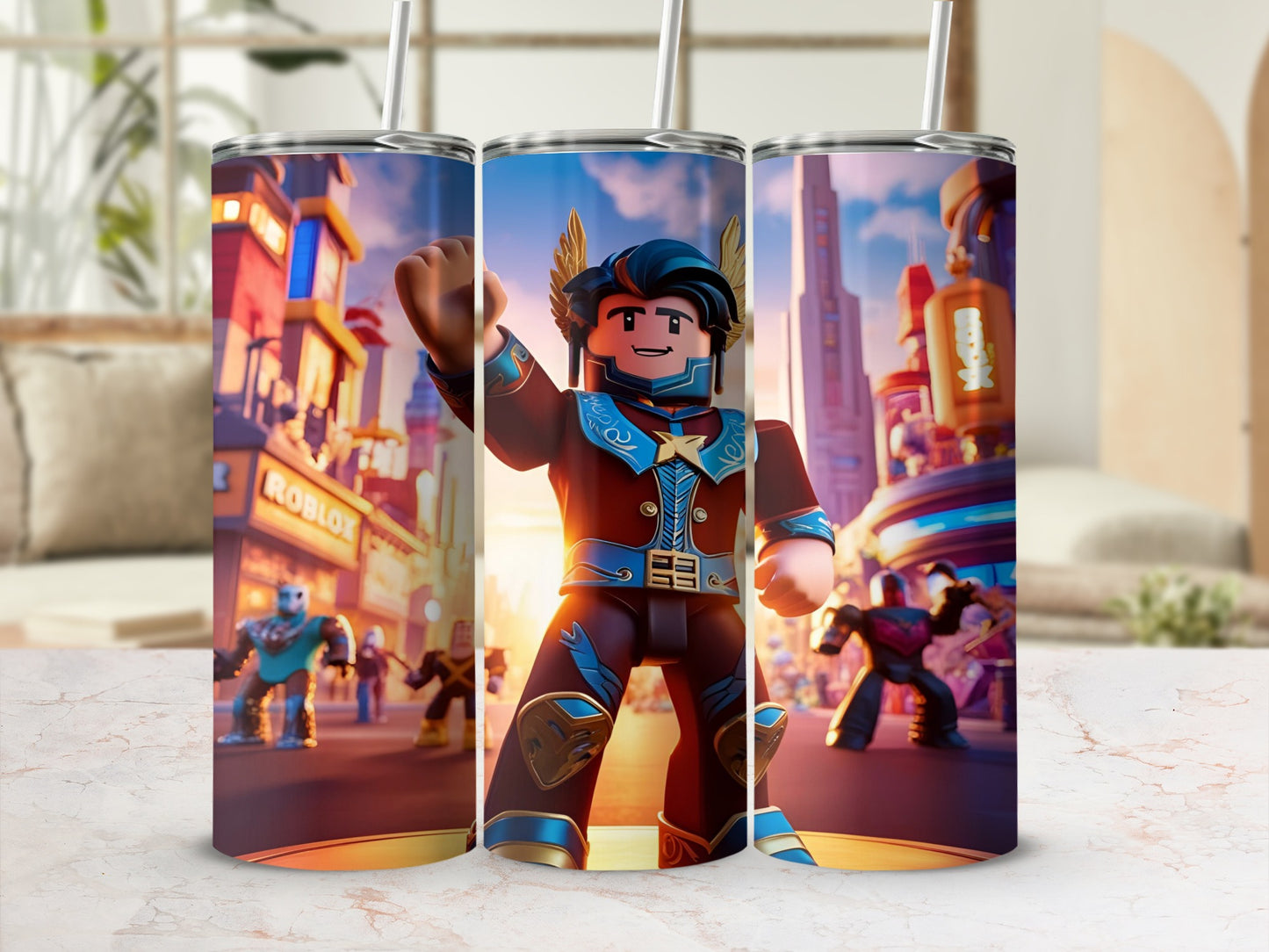 Roblox character in a cityscape, holding a fist in the air.