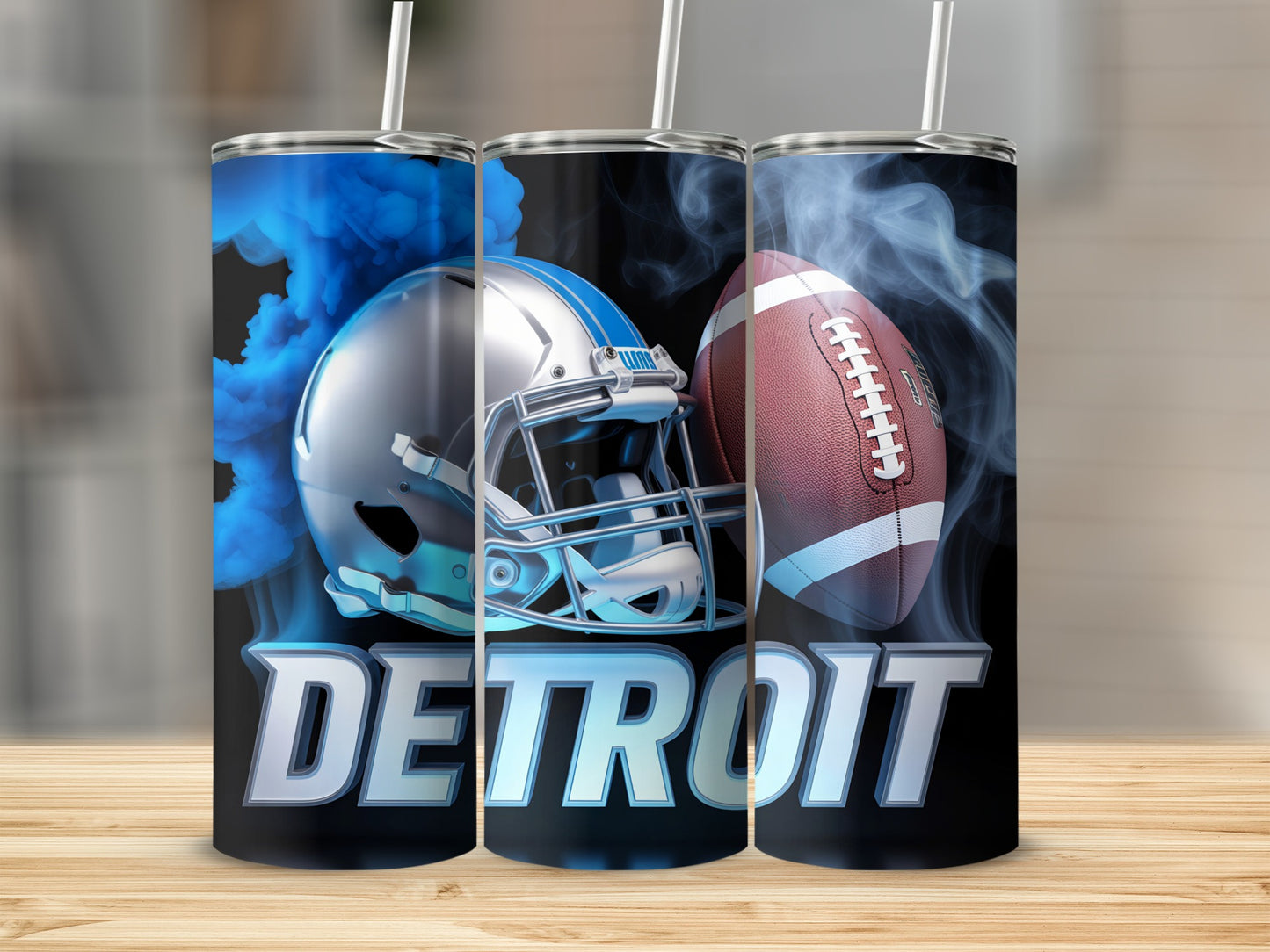 Detroit Lions football helmet and ball with blue smoke.