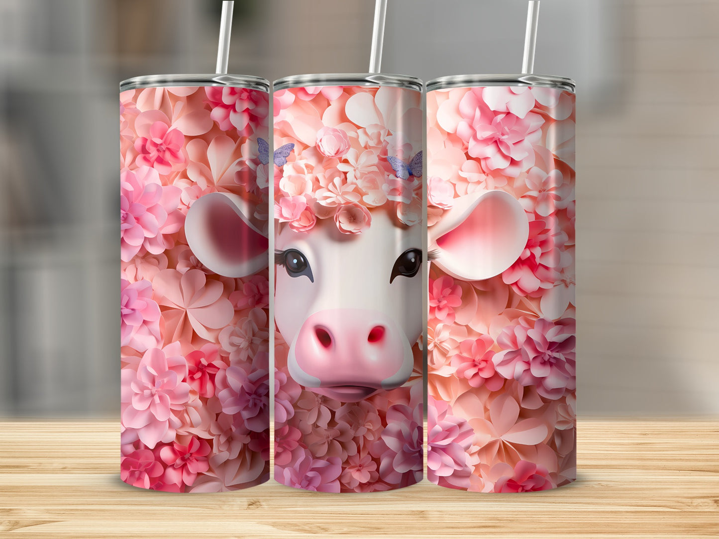 Pink Floral Cow Face Butterflies Tumbler Drinkware product type