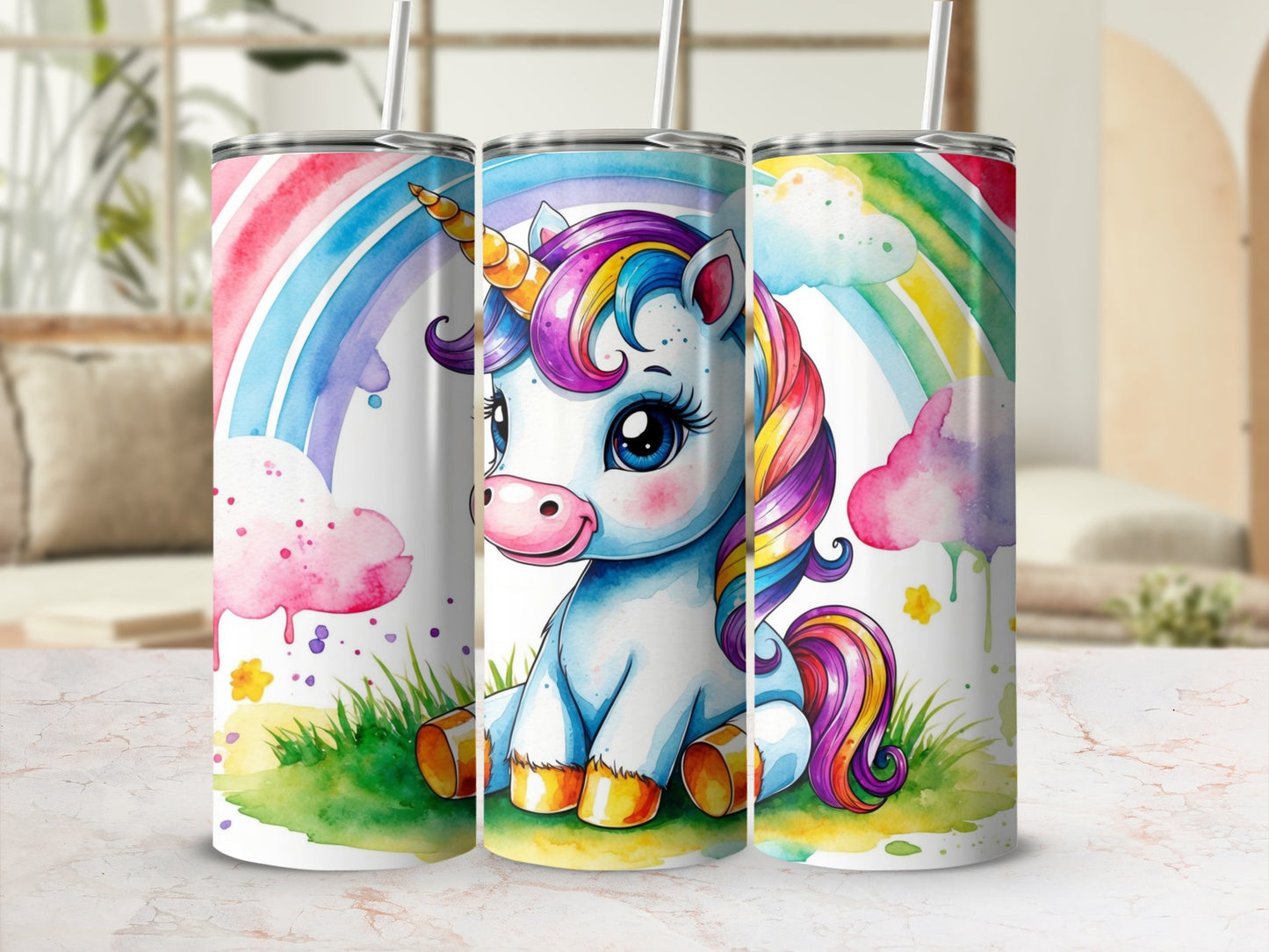 Unicorn with rainbow and clouds on a colorful tumbler.