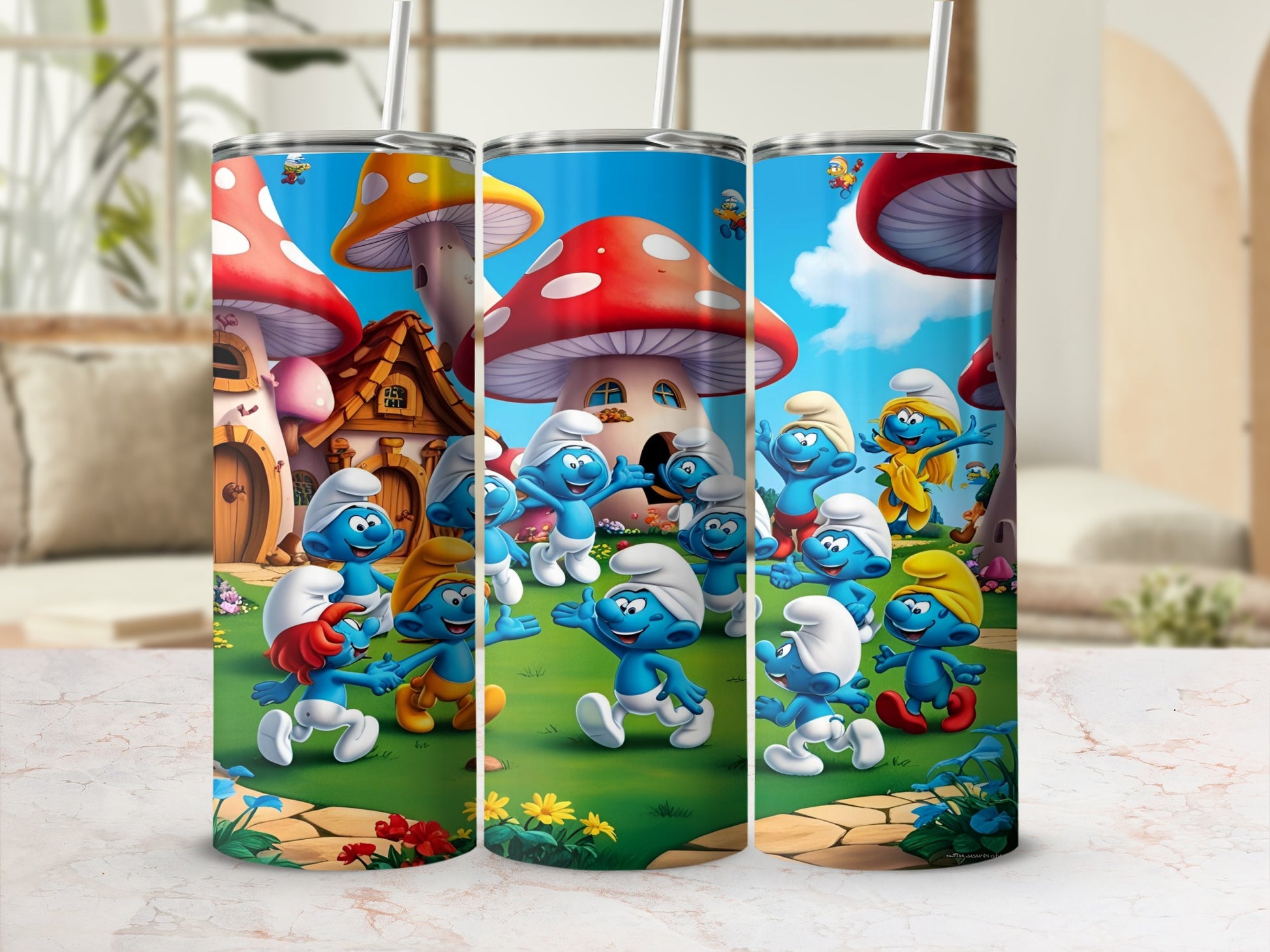 Three Smurfs celebrating in front of mushroom houses and a bright blue sky.
