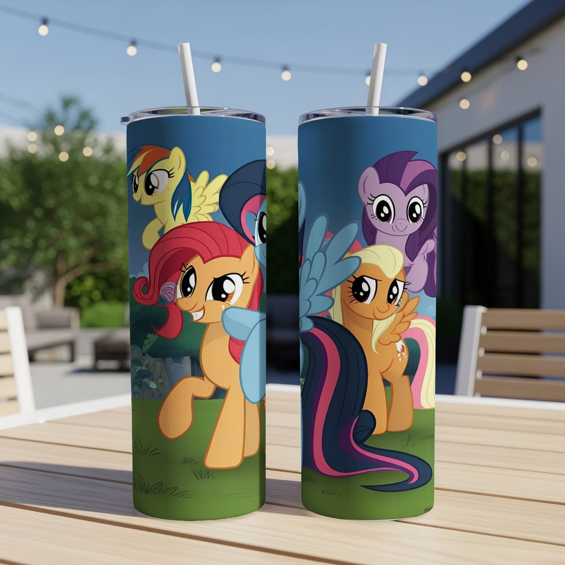 My Little Pony characters Pinkie Pie, Rainbow Dash, and Fluttershy on a blue background.