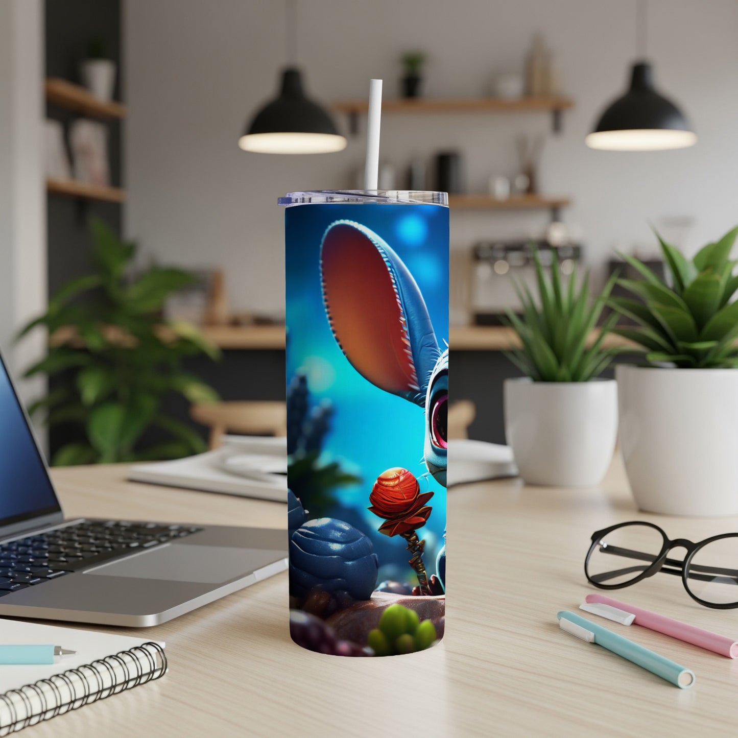 Cartoon rabbit with big eye holding a red rose on a blue background.