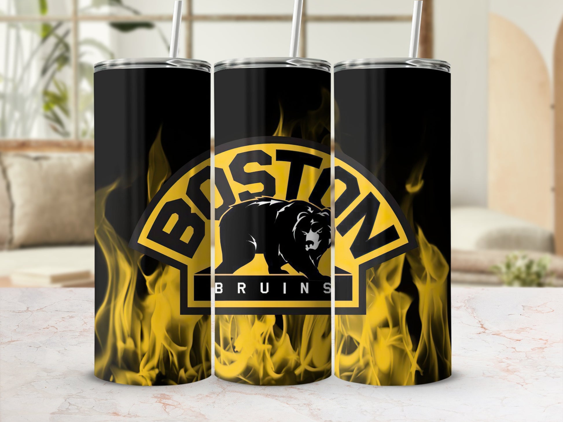 Boston Bruins tumbler with flames and bear logo