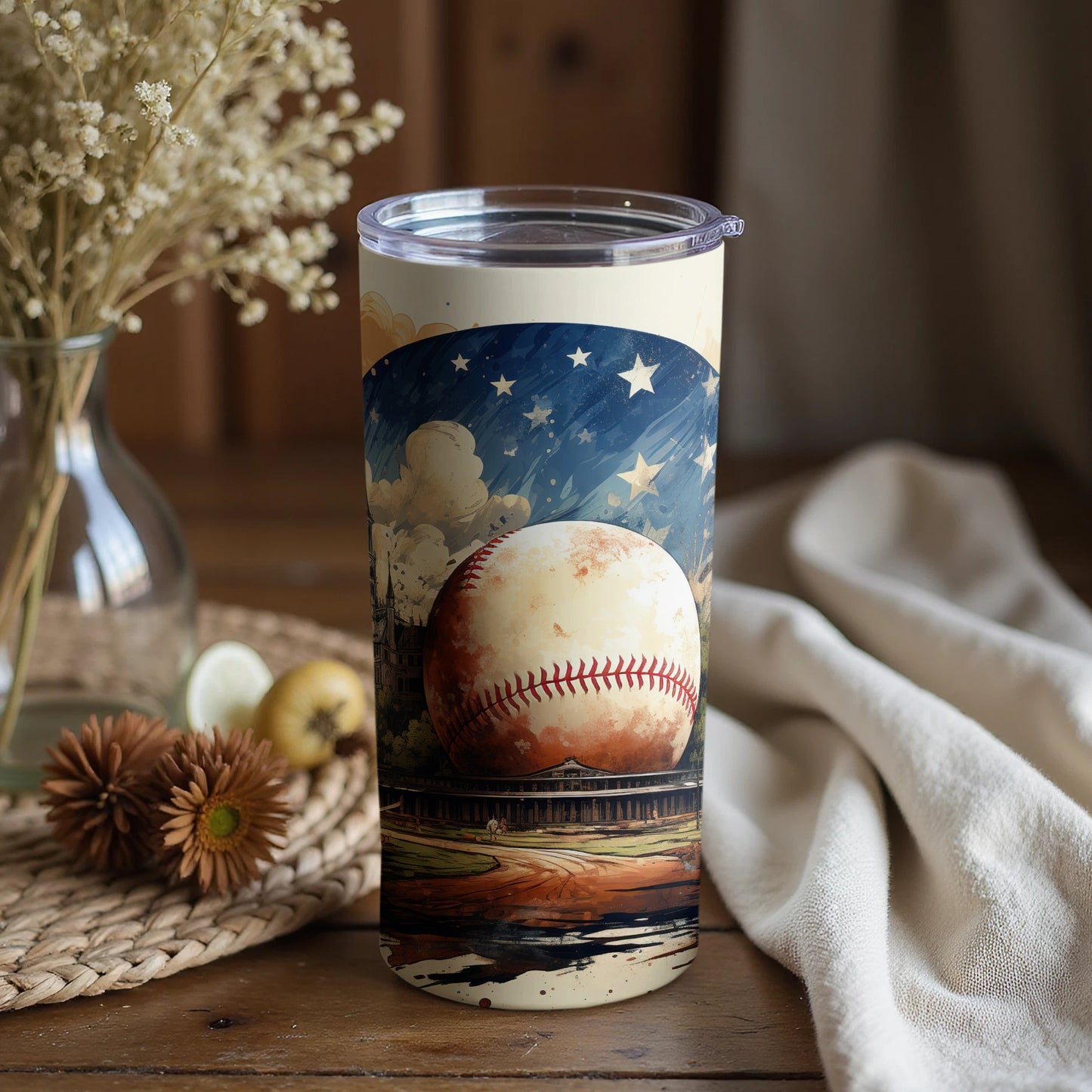 Scenic Baseball Art Tumbler with Stars and Clouds Design